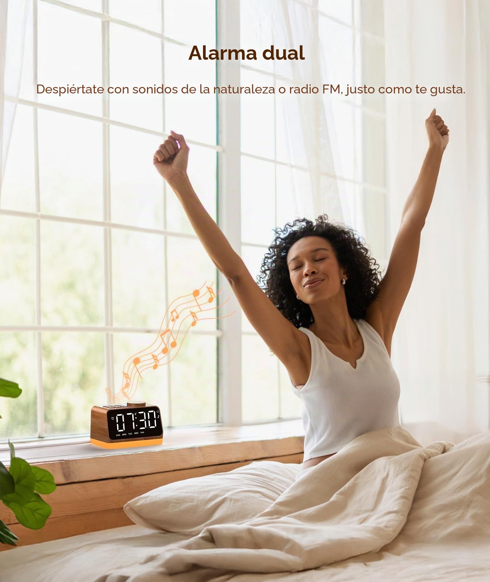 Dreamegg Radio Despertador Digital con Luz Nocturna, Radio FM, Doble Alarma, Maquina Ruido Blanco 25 Sonidos, LED & Luz Ajustable, Temporizador 10–480 min, 2 Puertos USB, Snooze, Toma Auriculares