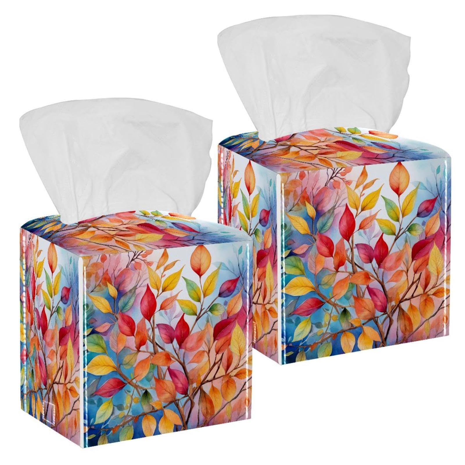 Leaves Watercolor Flowers Tissue Box Cover, 2 Pack PU Leather Square Facial Tissue Dispenser Box holder for Home Office Car