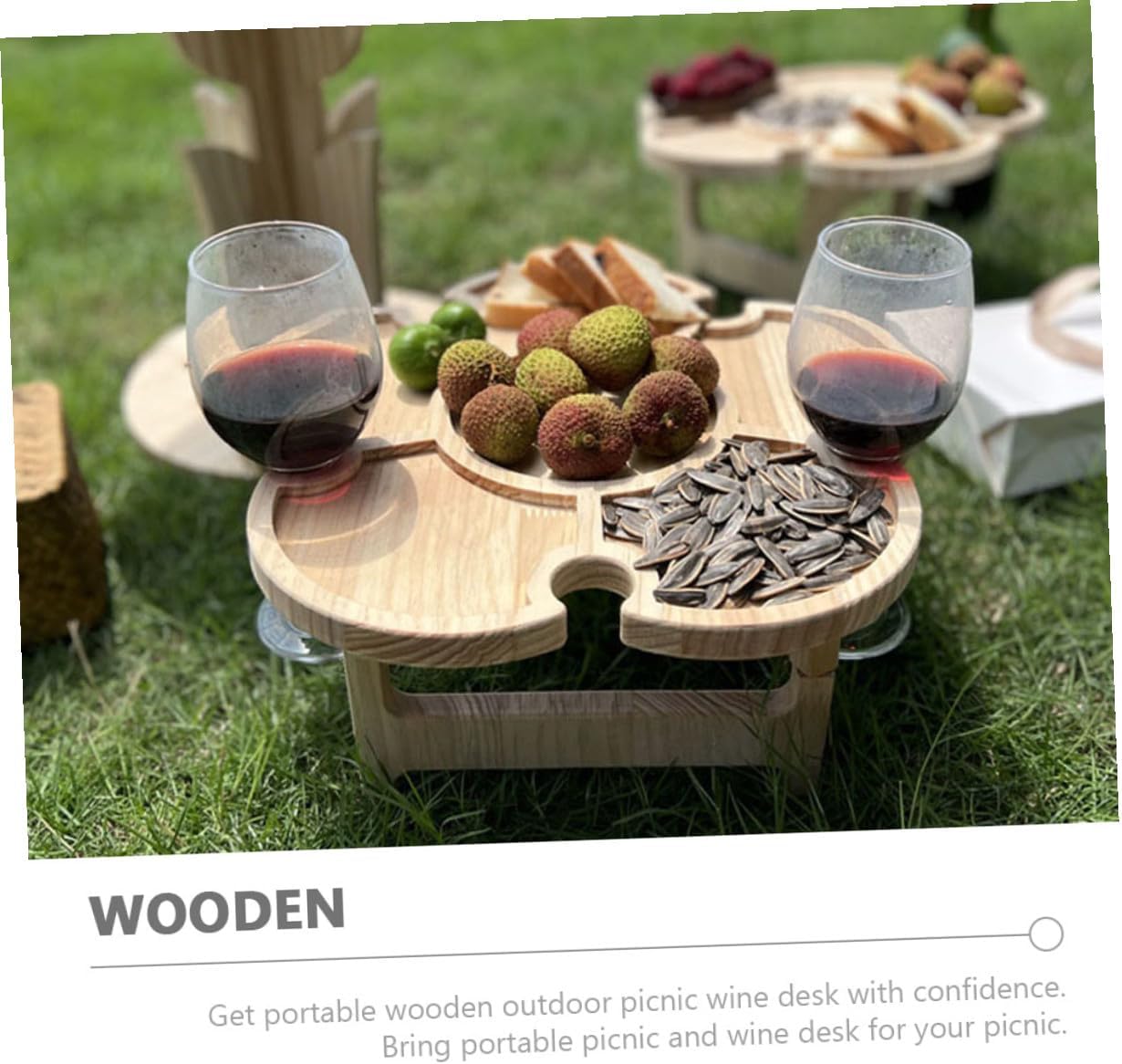 Homoyoyo Portable Wooden Folding Wine Desk Table for Outdoor Picnic and Beach Small Foldable Beverage Table with Tray 35cm Diameter Petal Shape