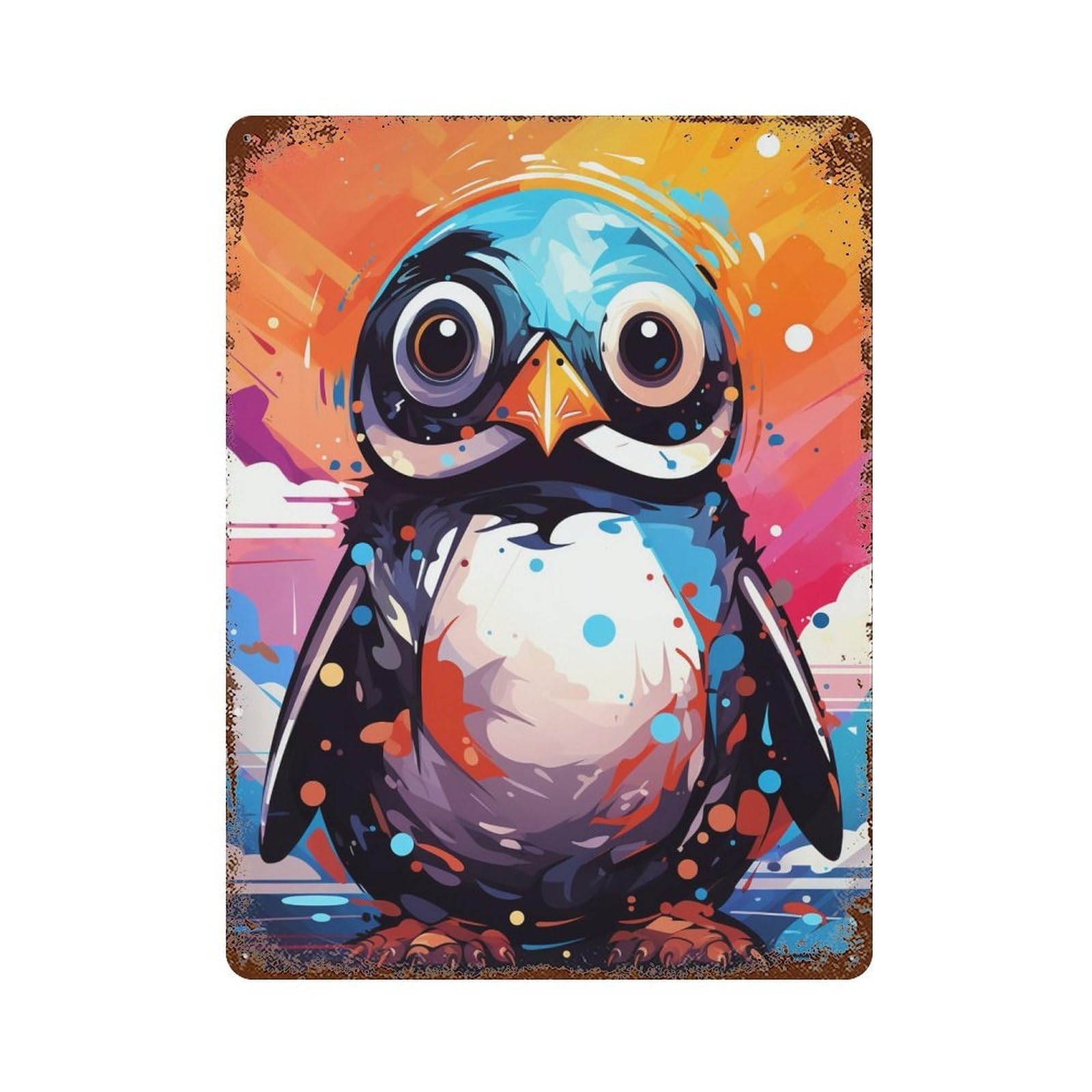 Colorful Penguin Illustration Rust Effect Tin Sign 15.7"x11.8", Industrial Home Decor for Basement, Hobby Room And Garage Decor
