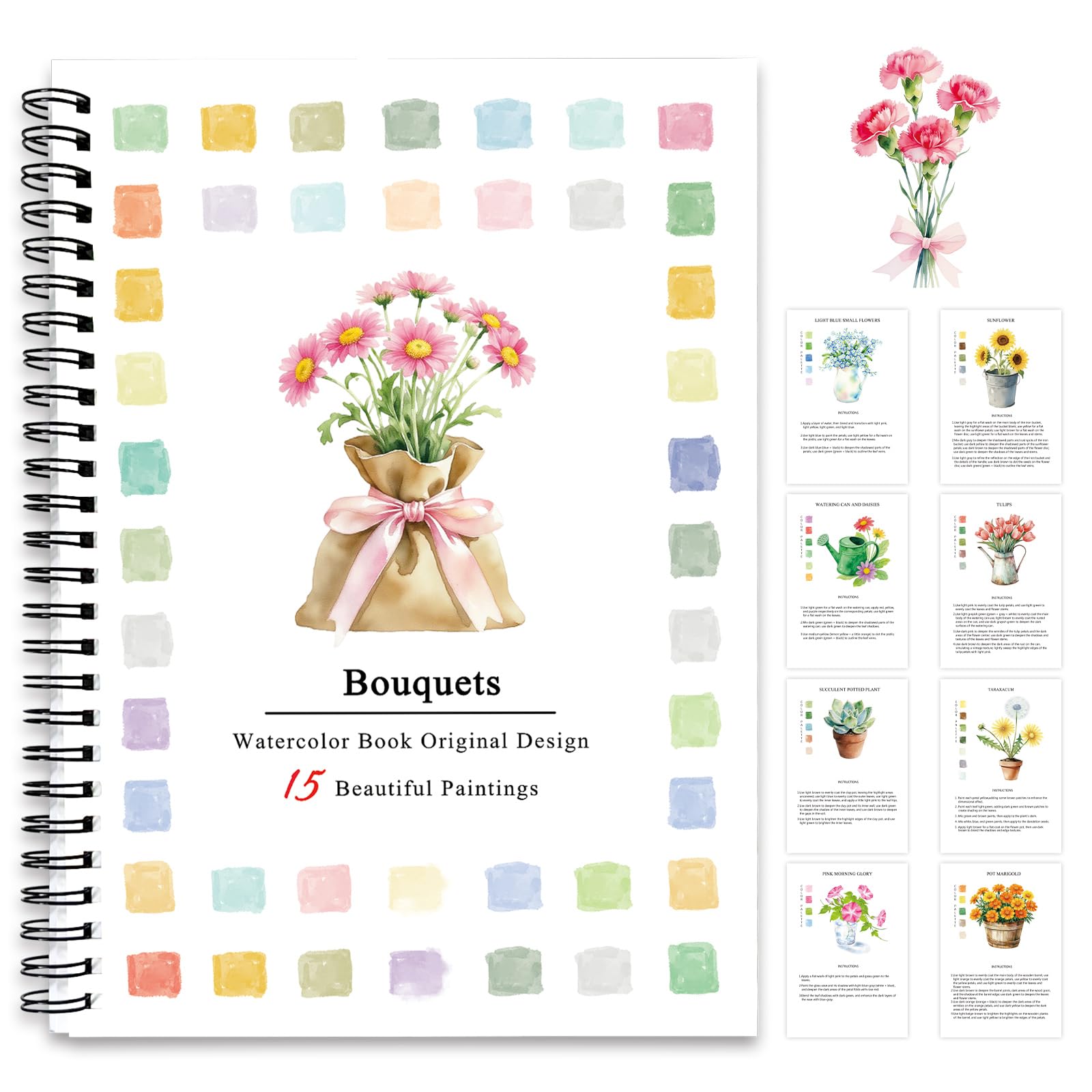 SLWBZ Ramos de libros de trabajo de acuarela, 15 patrones diferentes de diseños originales de bricolaje, 16 platos de pintura de acuarela de colores con paleta y pincel, libros de trabajo de acuarela