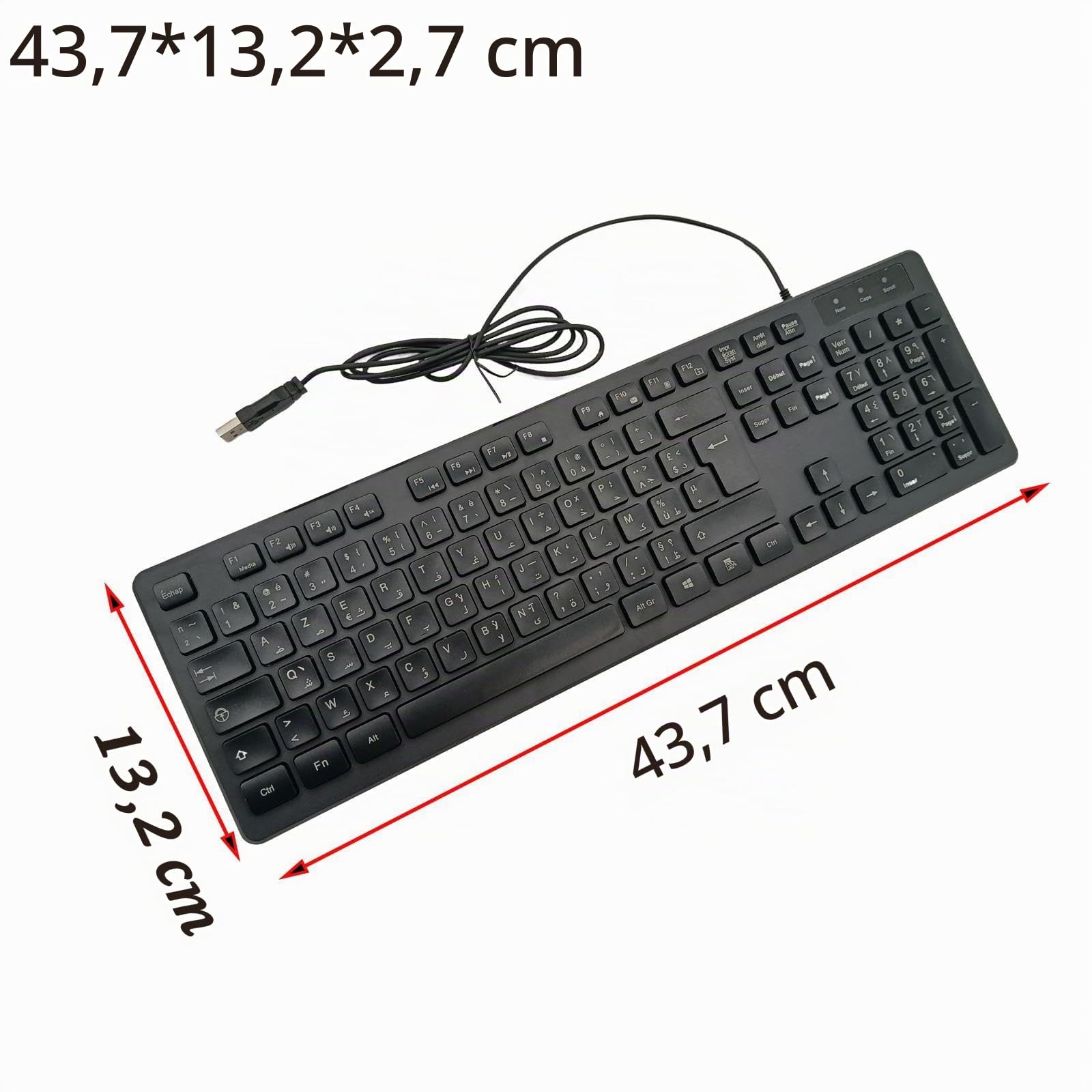 Clavier AZERTY Français Arabe, Câble USB de 1,45 m, Résistant aux Éclaboussures, Touches Silencieuses, Clavier Filaire pour Bureau École, Noir