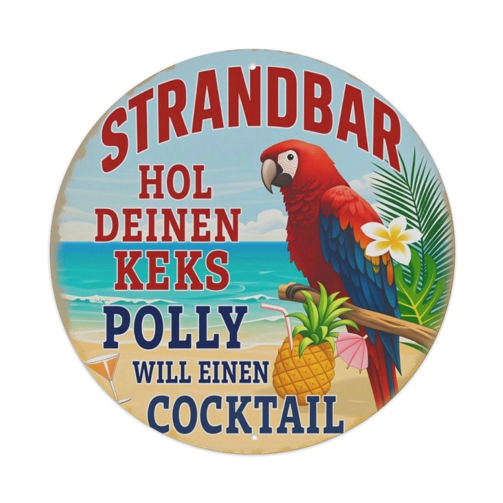 Tropical Parrot German Beach Bar Round Decor Sign Vintage Aluminium Metal Sign, Retro Wall Decor for Home, Bar, Garage & Farmhouse 20x20cm