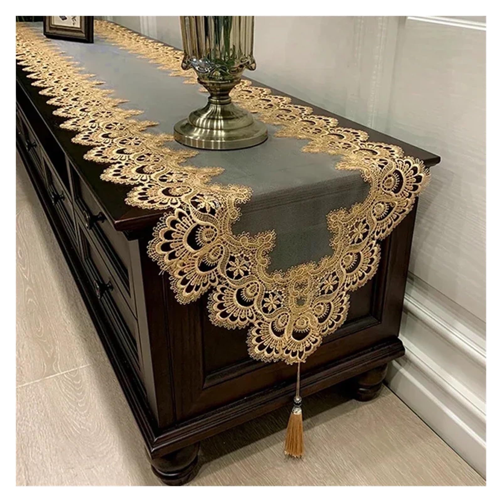 Elegancki owalny koronkowy bieżnik na stół, haftowana osłona przeciwpyłowa do szafki pod telewizor, frędzle, komoda, flaga, tkanina, 40 x 180 cm (rozmiary S3 i S4), idealny do dekoracji domu