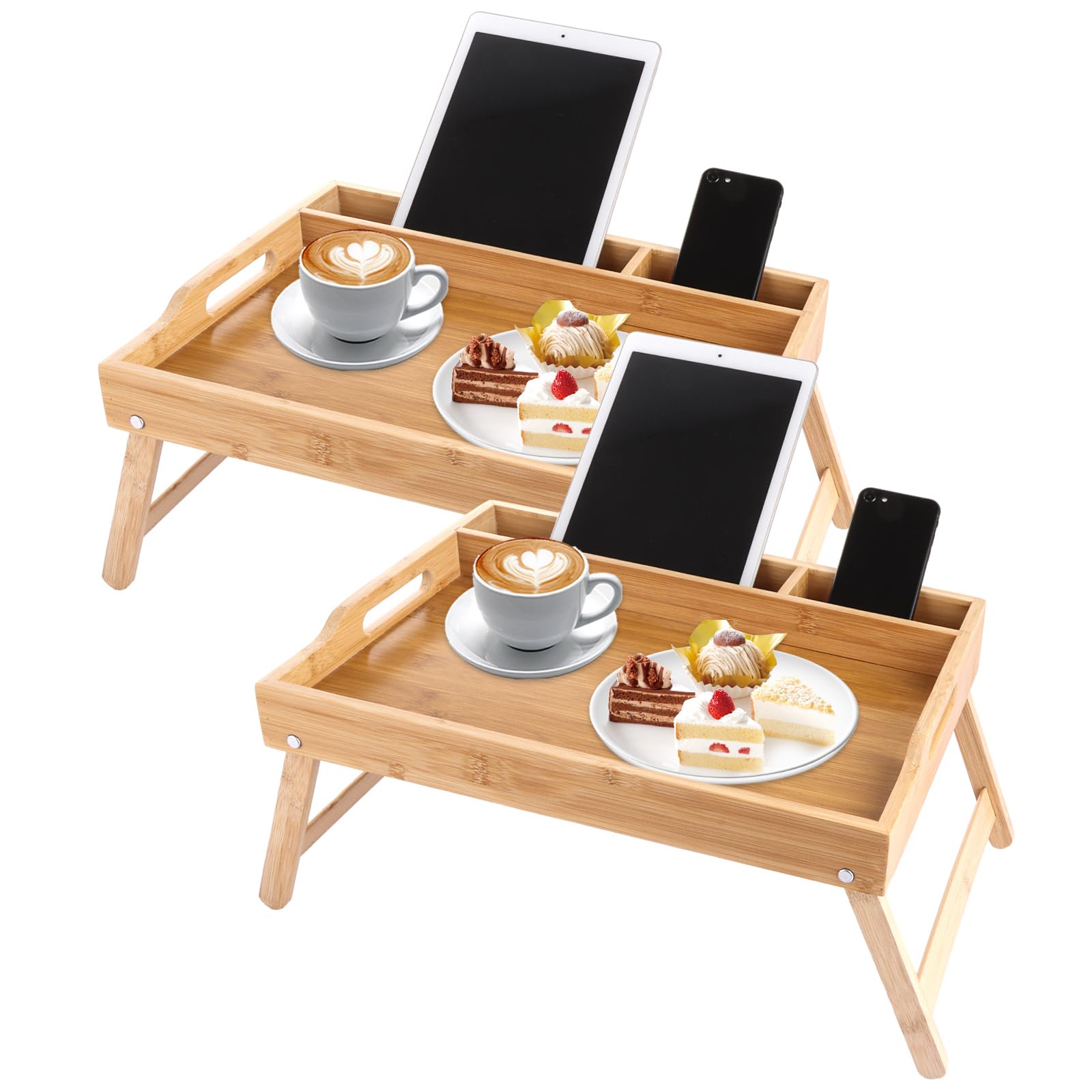 SHUESS Lot de 2 plateaux de lit en bambou - 41,5 x 30 x 20,5 cm Plateau de petit-déjeuner avec pieds pliants - Plateaux pour manger sur les genoux avec emplacement pour appareils multimédia, idéal