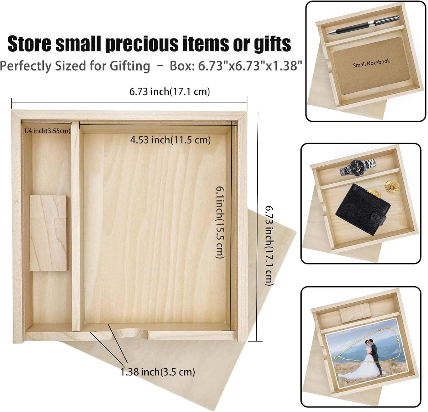 Maple Wooden Keepsake Box, 4x6 Photo Storage Box with Top Sliding Lid & 2 Compartments, Decorative Jewellery Organiser for Crafts, DIY & Keepsakes, Perfect Bridal Shower & Wedding Gift image 4