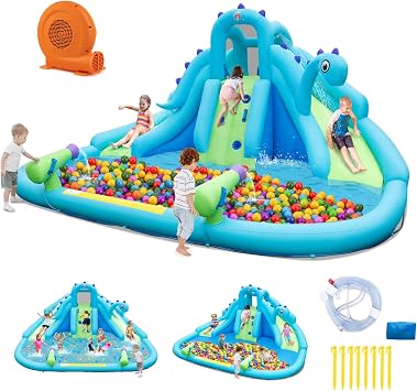 BOUNTECH Inflatable Water Slide Park with Dinosaur, Double Slides Water Park Bounce House w/Climbing Wall, Bouncy Castle with Blower for Outdoor Backyard, Blow up Water Slides Inflatables for Big Kids