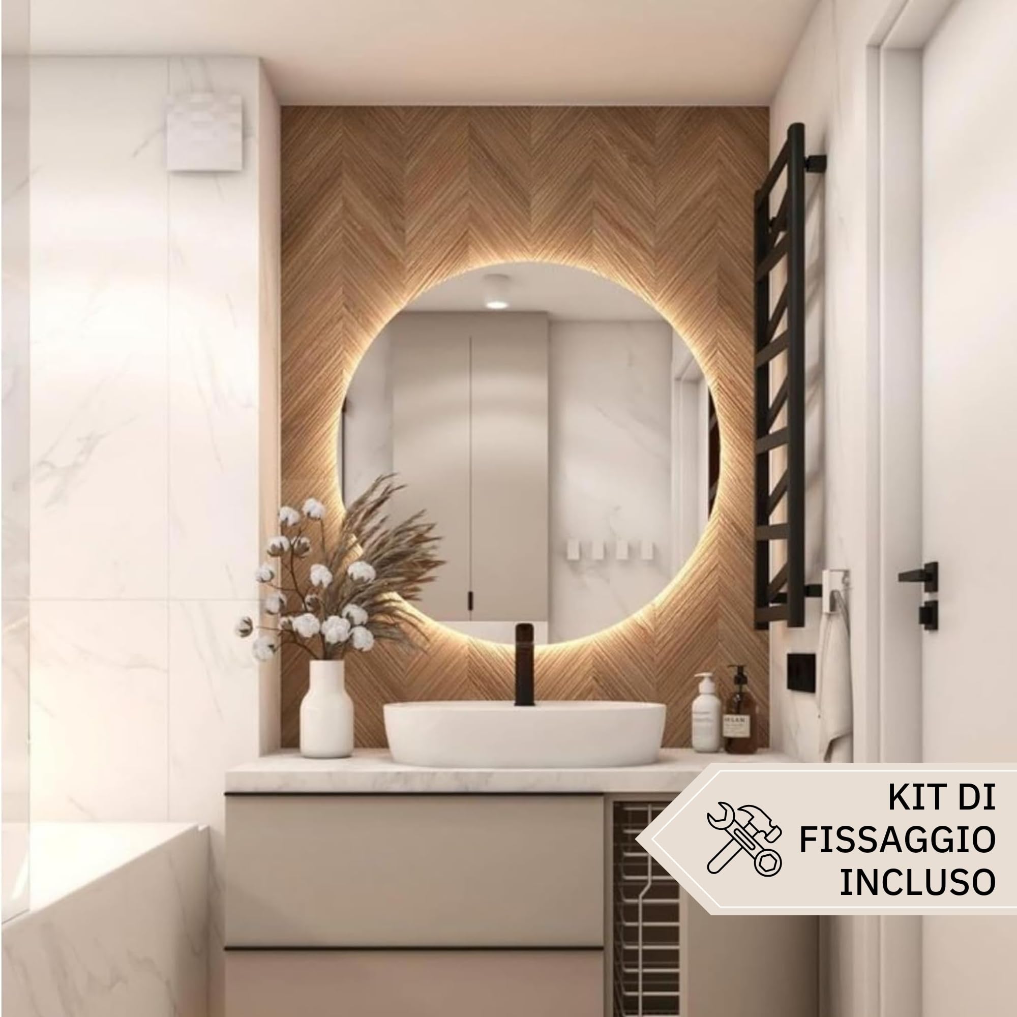Specchio Rotondo Retroilluminato 80 cm GIANT, Specchio Bagno Led Retroilluminato 4000K Made in Italy, Specchiera Bagno