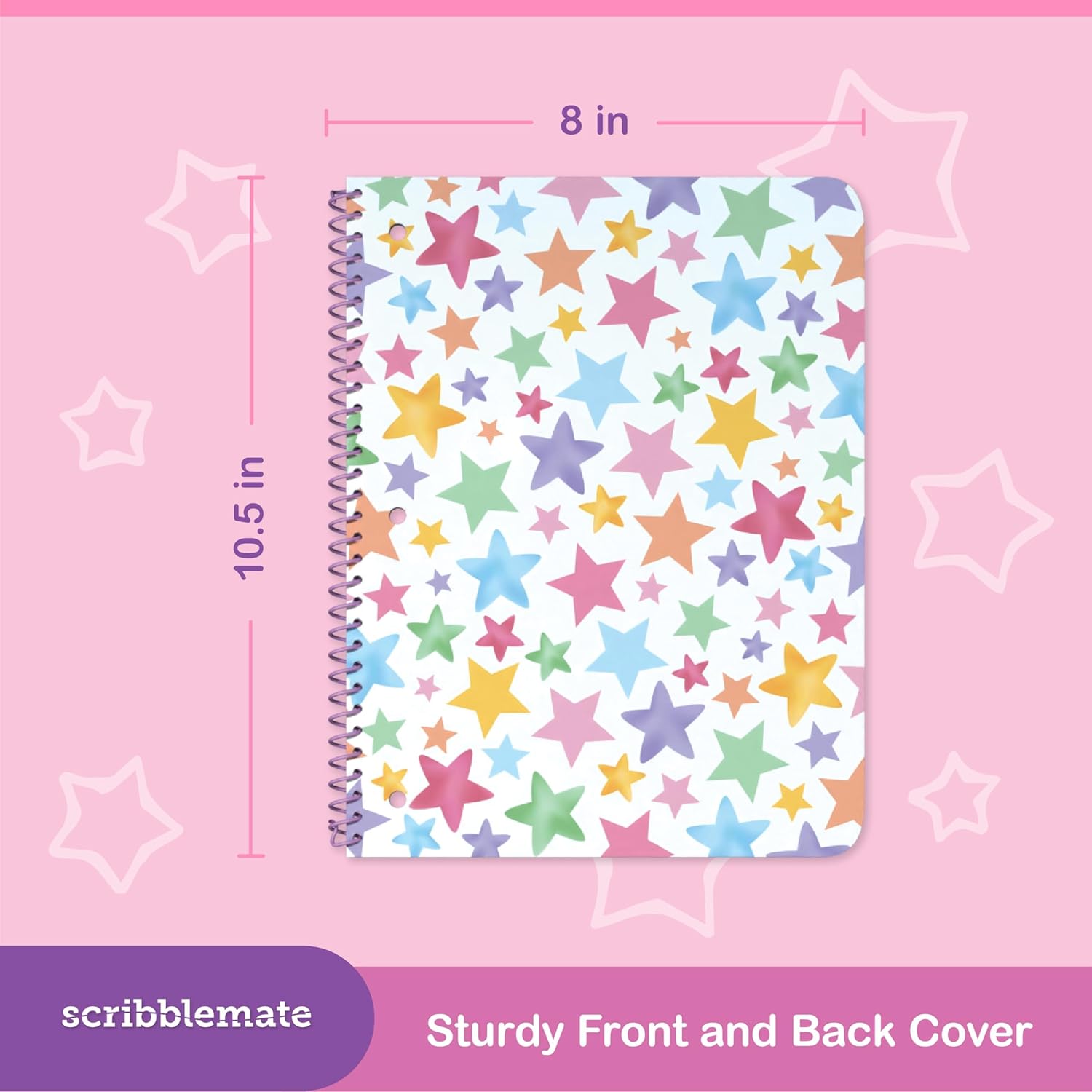Wide Ruled Spiral Notebook, Adorable 1 Subject Notebooks for kids 100 Sheets/200 Pages, Perforated 3-Hole Punched Sheets with Interior Paper Pocket 8x10.5 Inch (12 Pack)