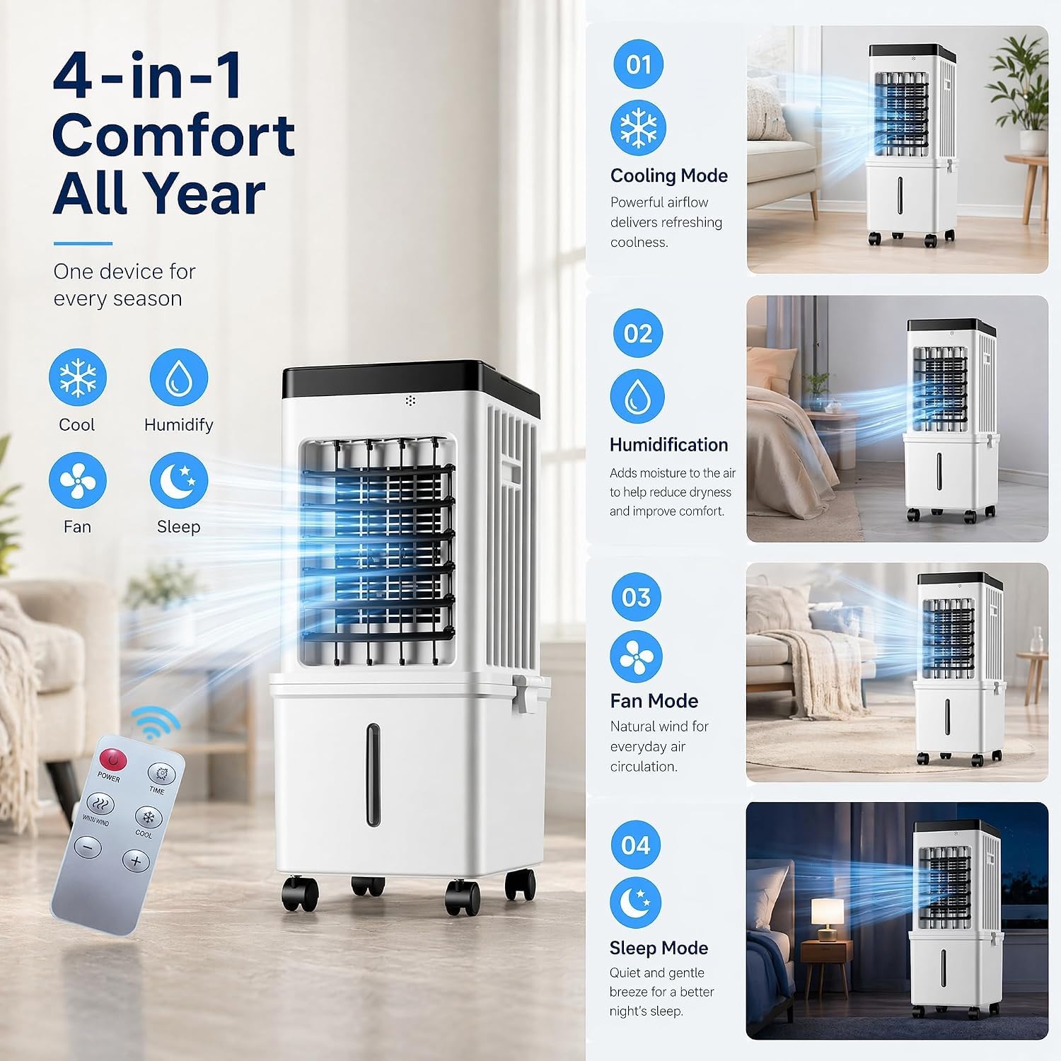Condizionatore Portatile Senza Tubi, Ventilatore Con Telecomando 3 Velocità | Timer Integrato E Design Compatto, Ideale Per Camera Da Letto, Garage E Piccoli Ambienti