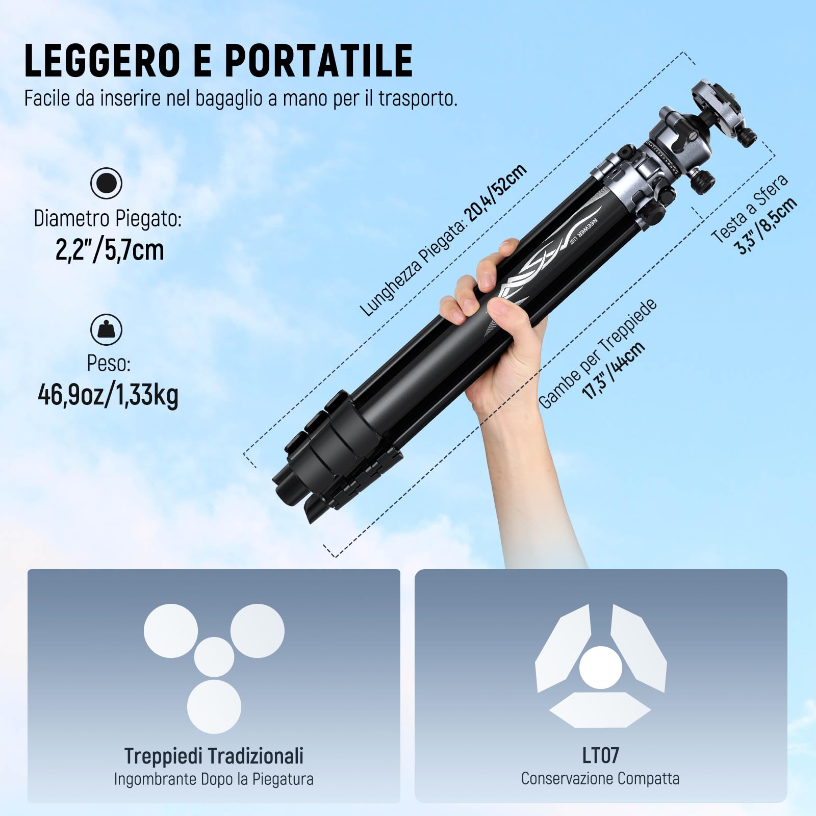 NEEWER LITETRIP LT07 61" Treppiede da Viaggio in Alluminio per Fotocamera con Testa Sfera a Basso Profilo, Piastra QR Arca Compatibile con Peak Design Tripod Plate V3, Doppio Asse Centrale, Max 10kg