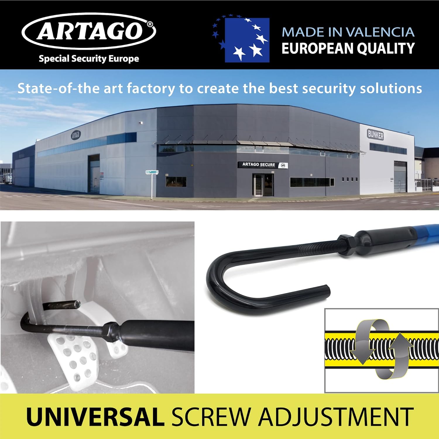 ARTAGO 880/B High-End Steering Wheel Brake Pedal Lock, Flexible Articulated Armored Steel Cable, Adjustable High Security, Universal Clutch Anti Theft Bar Lock Device for Vehicle Car Truck Van, Camper