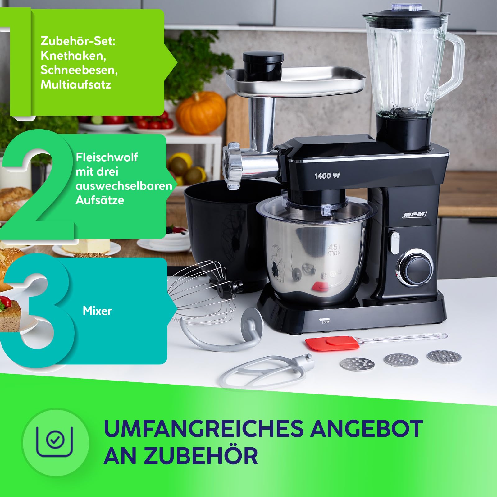 MPM Planetarische Küchenmaschine MRK-24 - Multifunktional Mixer Küche 4,5l - Küchengeräte Vielseitig Einsetzbar 1400W - Zwei Schüsseln - Drei Austauschbare Rührbesen