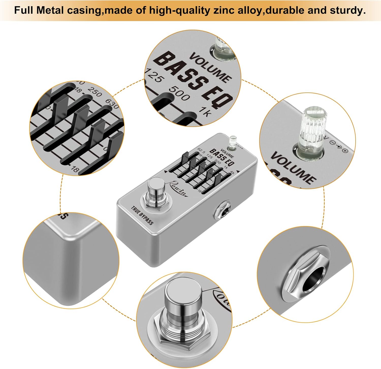 Rowin Bass EQ Pedal, Five Band Equalizer Bass Effect Pedal for Electric Bass True Bypass LEF