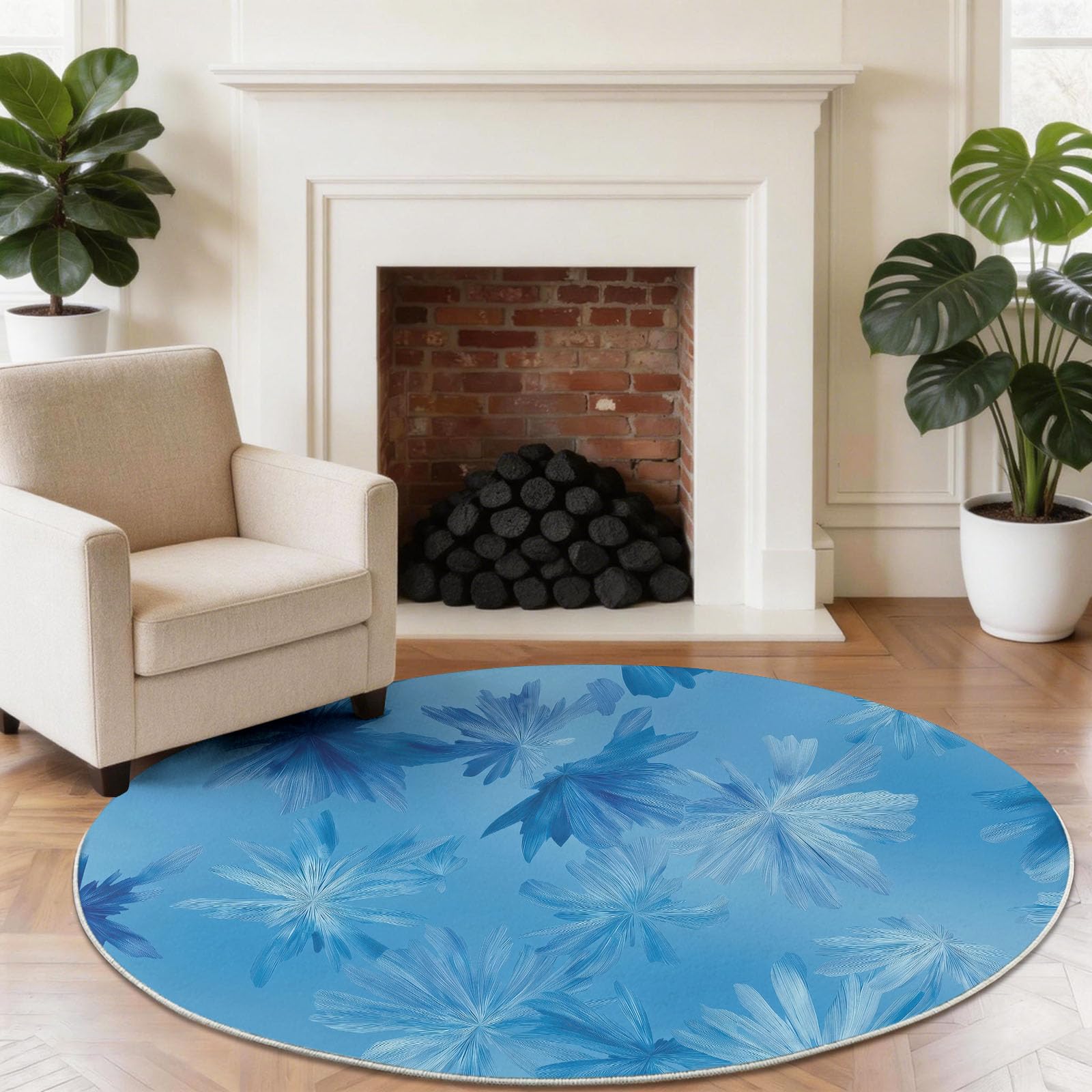 Générique 100 cm Tapis Rond Salon Doux Antidérapant, Bleu Abstrait Fleurs Étoile Doux Lavable en Machine Fin Romantique Moderne Tapis pour Chambre, Salle à Manger, Chambre d’Enfant, Coin Lecture