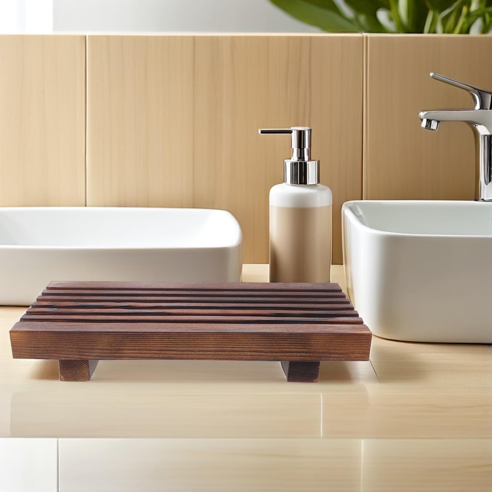TOYANDONA Vassoio da Bagno in Legno Rustico Stile Country per Decorazione Lavabo, Organizer Compatto Base a Piedistallo per Sapone e Accessori da Appoggio
