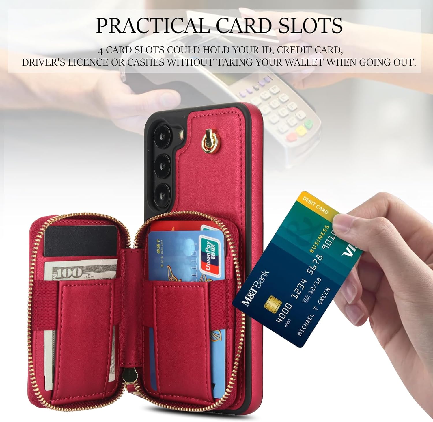 Phone Case for Samsung Galaxy S23 Plus S23+ 5G Wallet Cell Cover with Tempered Glass Screen Protector Wrist Crossbody Strap RFID Blocking Card Holder S23plus 23S + S 23 23+ SM-S916U 6.6 inch Women Red