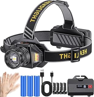 KZK Stirnlampe LED wiederaufladbar Super Bright 250000 Lumen Zoomable 3 Lichtquellen(weiße/gelbe/rote Lichtquelle) Head Torch with 12 Modi, IP67 Waterproof, 90° Adjustable Sensor Headlamp für Camping