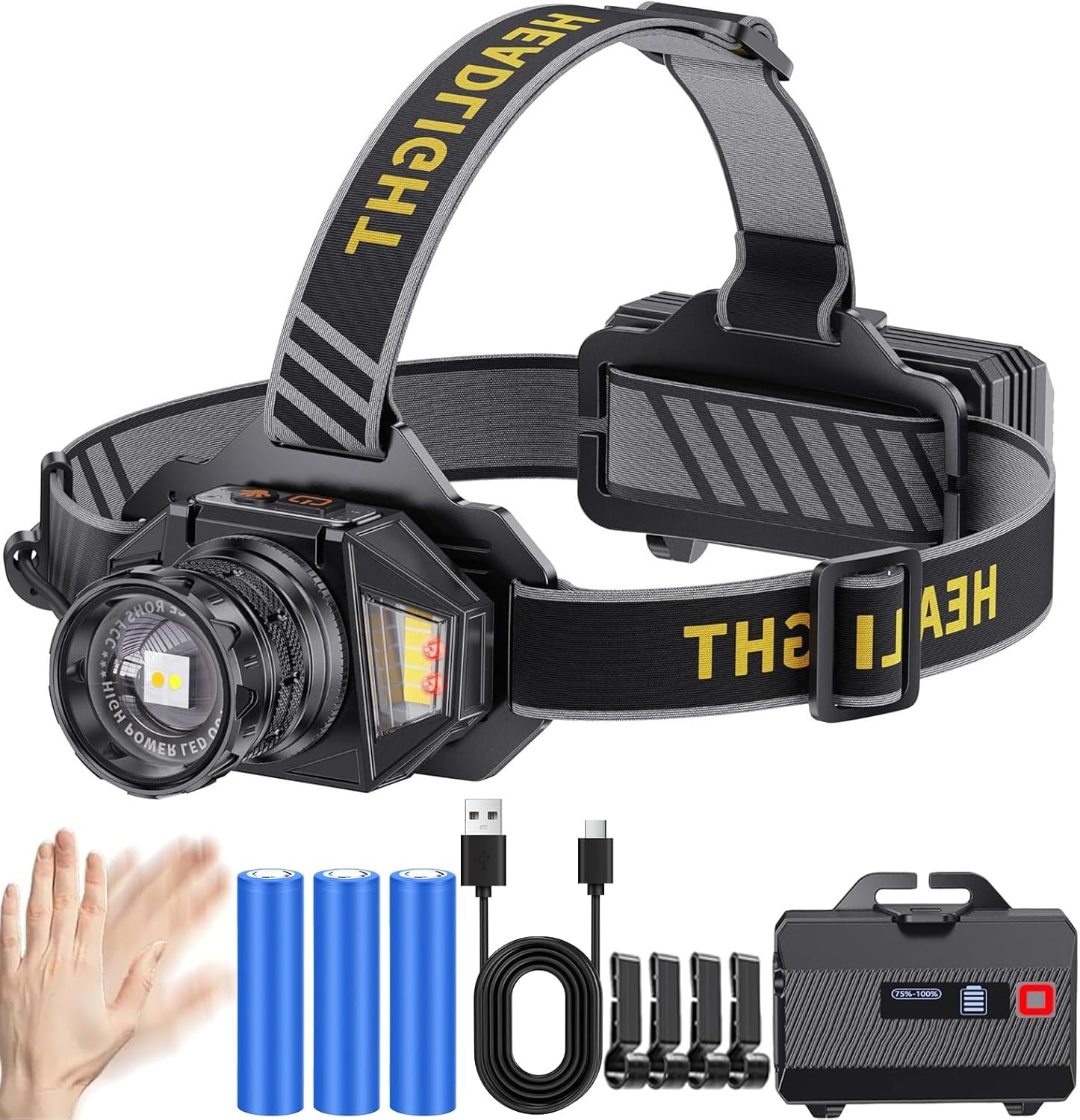 KZK Stirnlampe LED wiederaufladbar Super Bright 250000 Lumen Zoomable 3 Lichtquellen(weiße/gelbe/rote Lichtquelle) Head Torch with 12 Modi, IP67 Waterproof, 90° Adjustable Sensor Headlamp für Camping