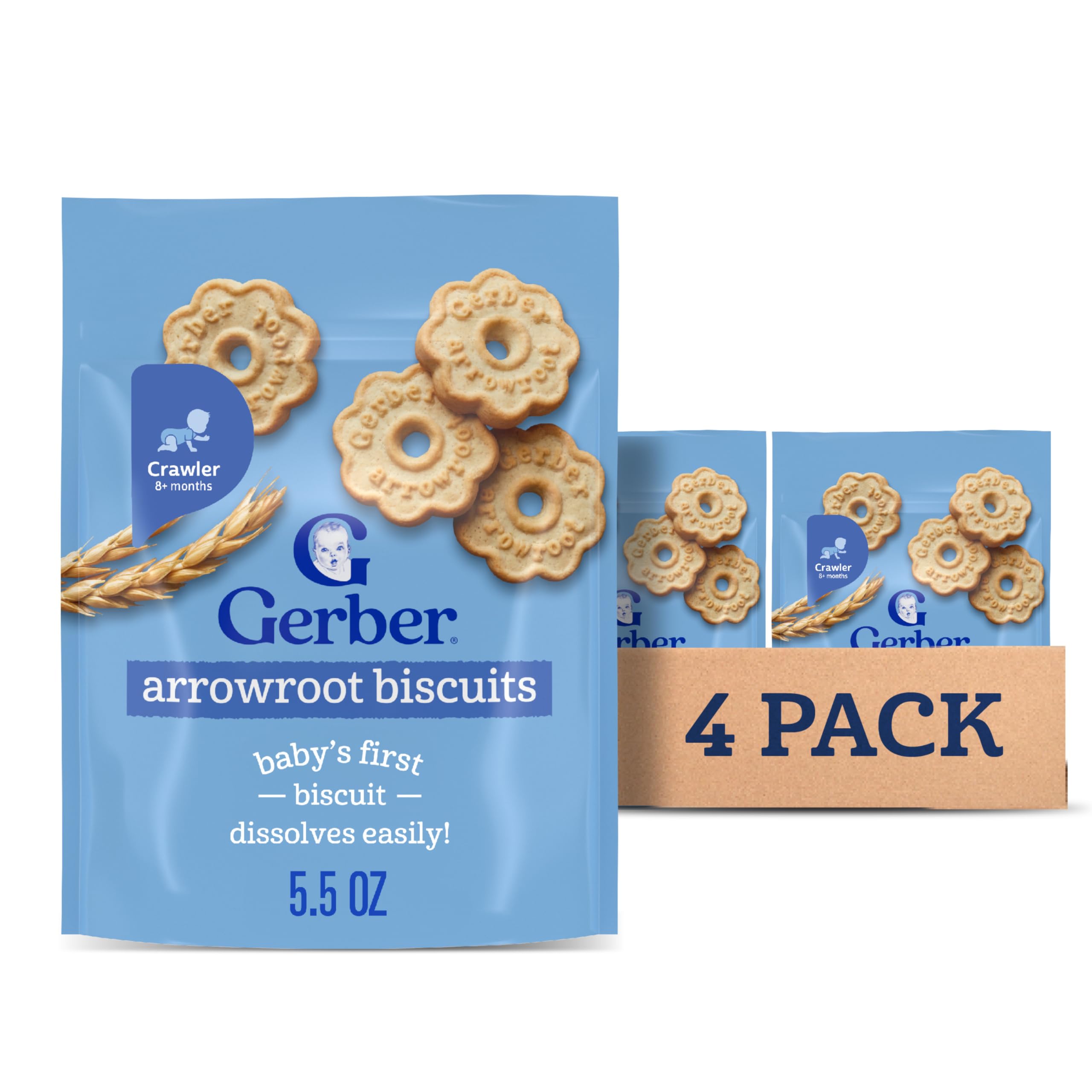 GerberArrowroot Biscuits, Snacks for Babies, Arrowroot Cookies, Vitamin E, Finger Foods, 4PK
