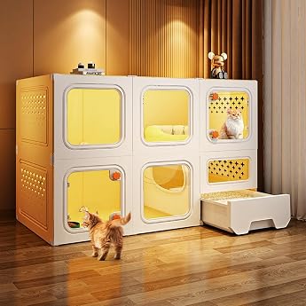 Large Cat Enclosure for Indoor Use 2-Tier Catio Cat House with Transparent Windows and Knob Locks Closed Multi-Purpose Cat Home with Cat Tray Size 70 x 45 x 105 cm Colour Yellow
