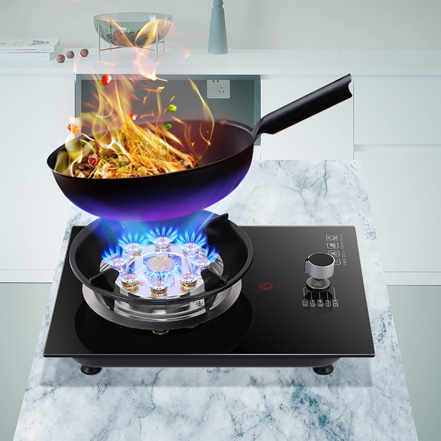 Burner Gas Cooker gas hob Black Tempered Glass Nine-chamber Wok Cooktop, Built-in Mount, For Natural Gas/Propane, Cast Iron Pot Holder [Energy Class A](NG)