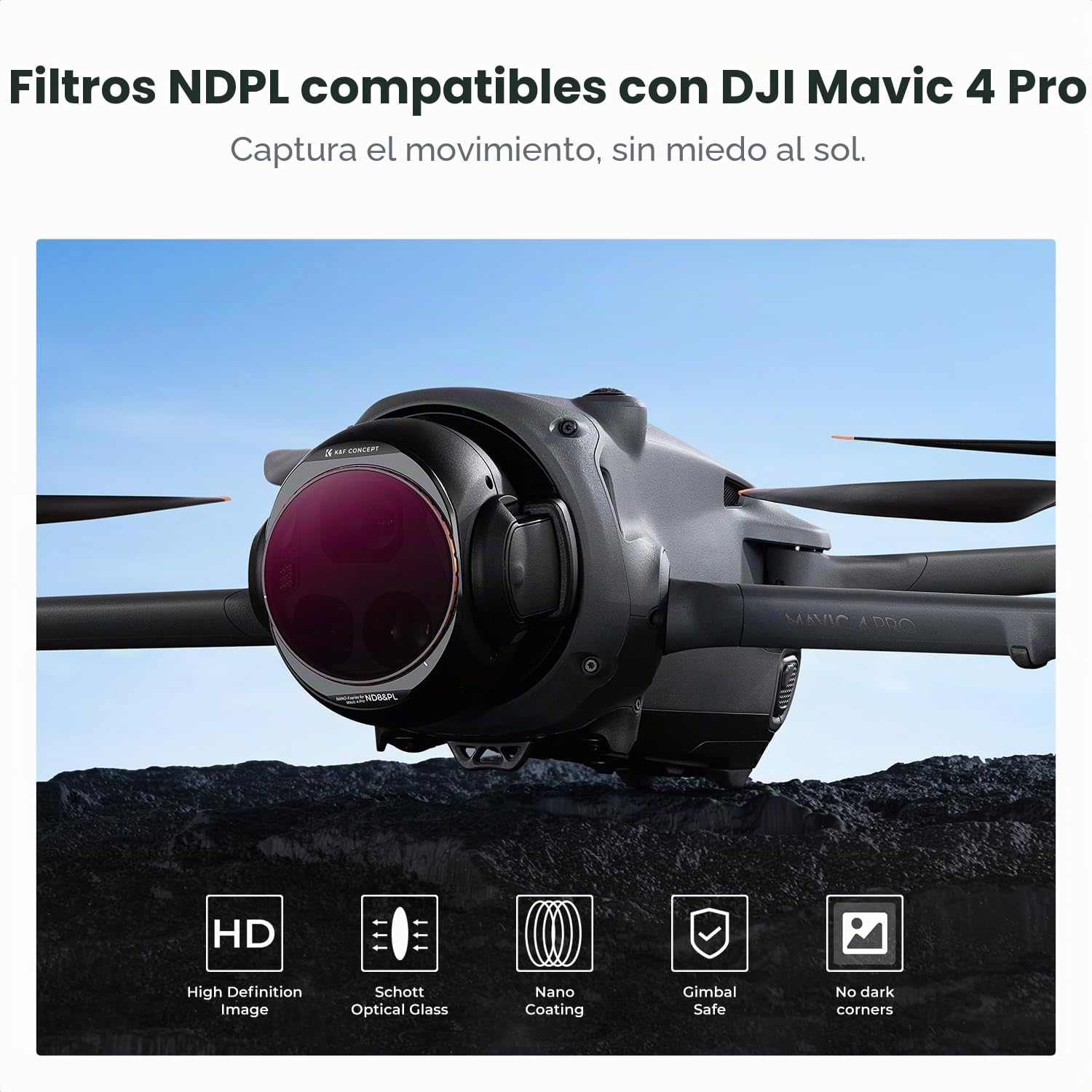 K&F CONCEPT Paquete de 4 Filtros ND/PL compatibles con dji Mavic 4 Pro, ND8/PL ND16/PL ND32/PL ND64/PL, Polarizador de Densidad Neutra Vidrio HD Multicapa Accesorios para Dron, Sin Tinte y Reflejos