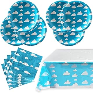 Blue Sky White Clouds Birthday Party Supplies, 20 Plates and 20 Napkins and Tablecloth, Blue Sky Cartoon Theme Birthday Party Decorations for Baby Kids Shower