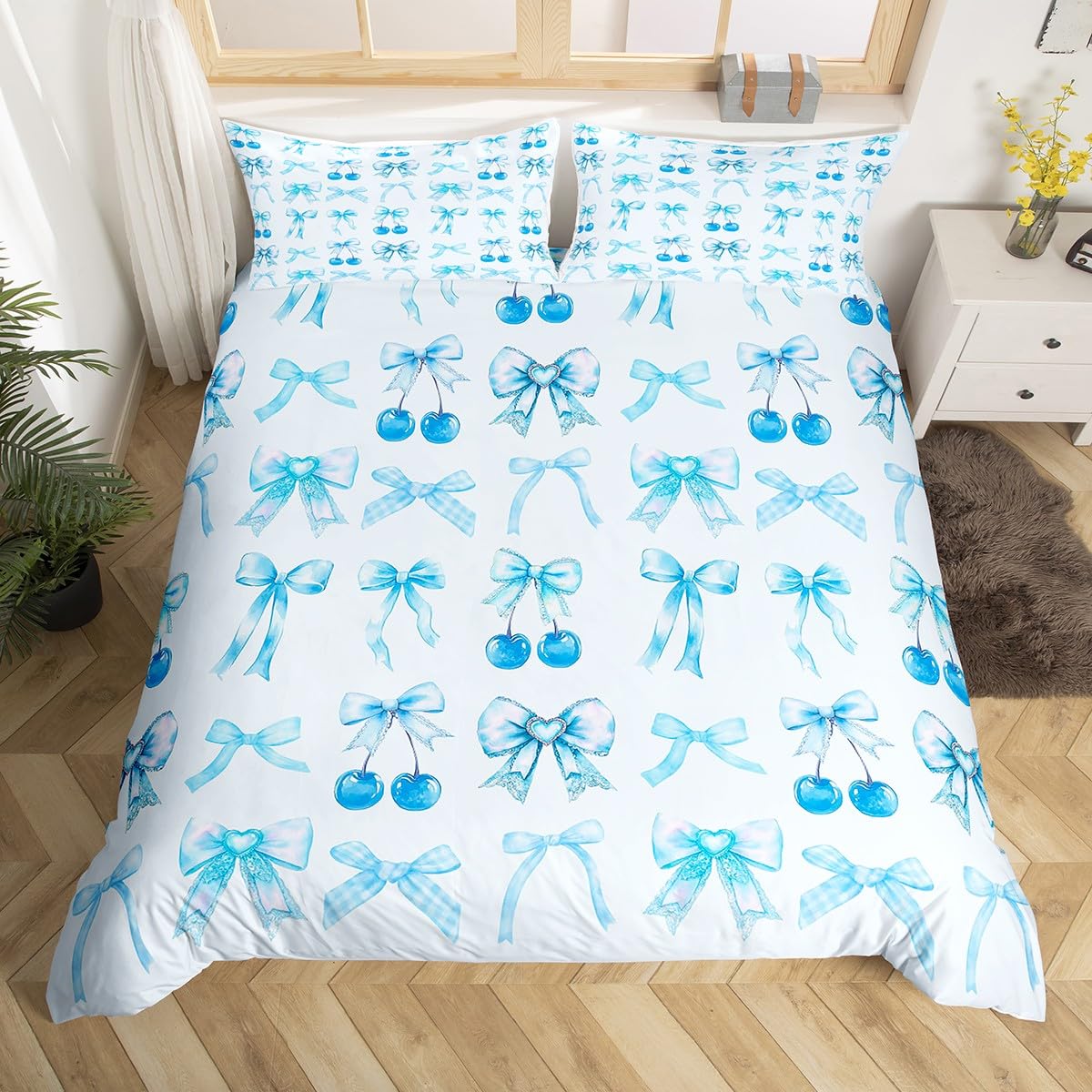 Homewish Bluey Cherry zestaw poszewek na kołdrę z kokardą śliczna jedwabna wstążka kokardka super king zestaw pościeli, księżniczka muszka poszewka na kołdrę, marzycielski zestaw pościeli kawaii