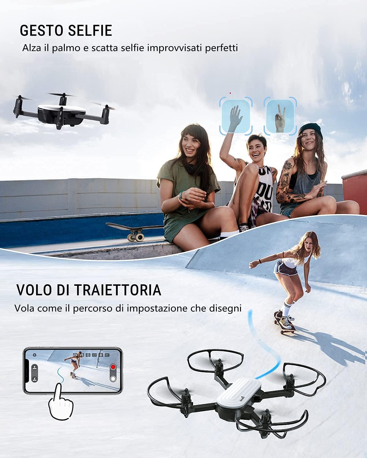 Potensic Drone con Telecamera 2K, RC Quadcopter Drone Pieghevole WiFi FPV  Droni, Sensore di Gravità, Controllo Gestuale, Flusso Ottico, Modalità  Senza Testa 3D Flip, 2 Batterie con 20 Minuti di Volo :