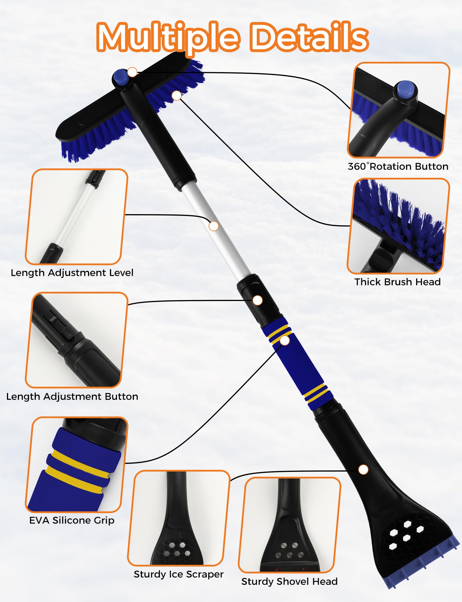Raschietto per ghiaccio estensibile da 86,4 cm, per parabrezza auto, spazzola da neve 2 in 1, per auto, raschietto da neve e spazzaneve con impugnatura ergonomica in schiuma, per auto, camion, SUV