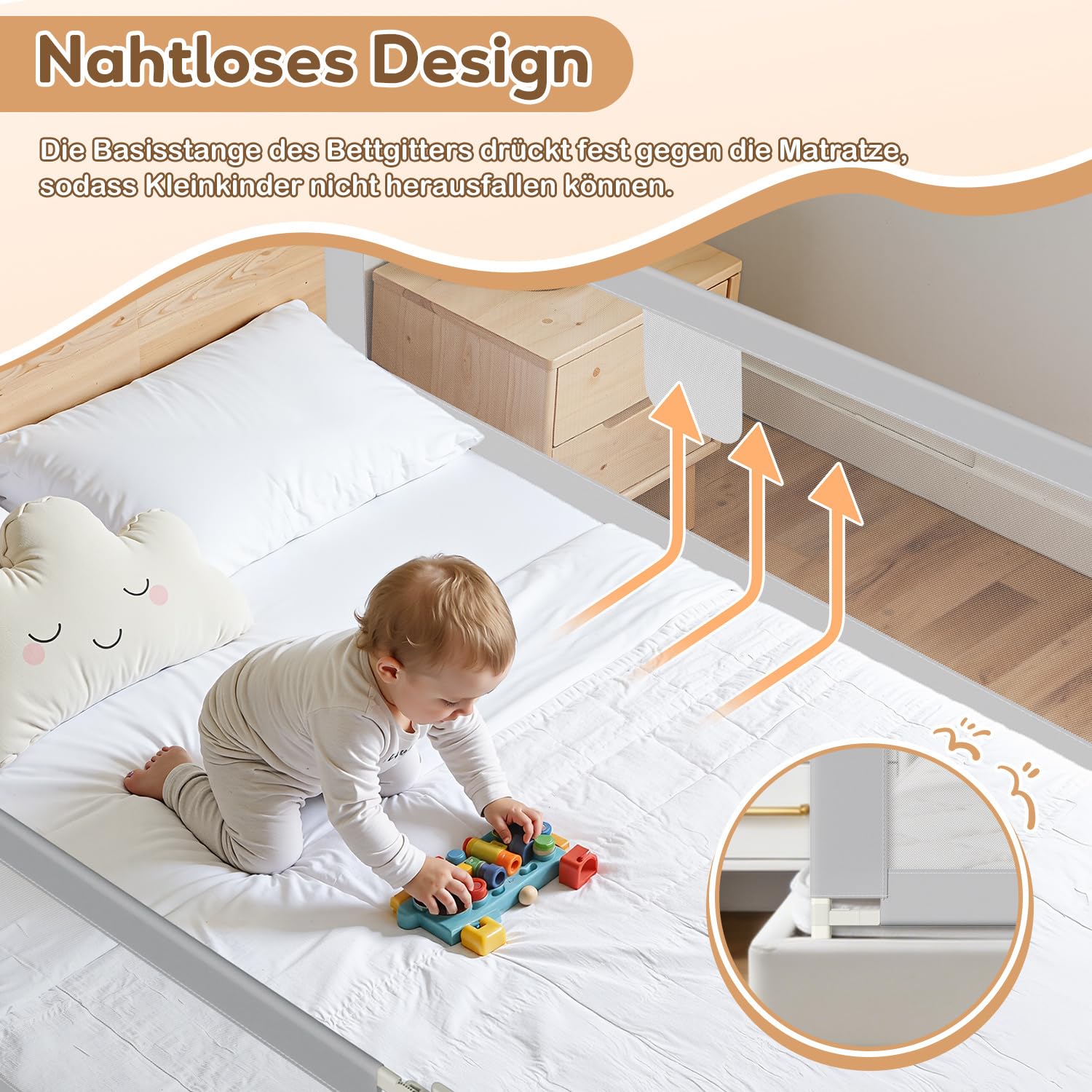 Barrera de cama de 180 x 80 cm – Altura ajustable con cierre de seguridad, barandilla resistente para cuna y cama de padres, un lado, gris