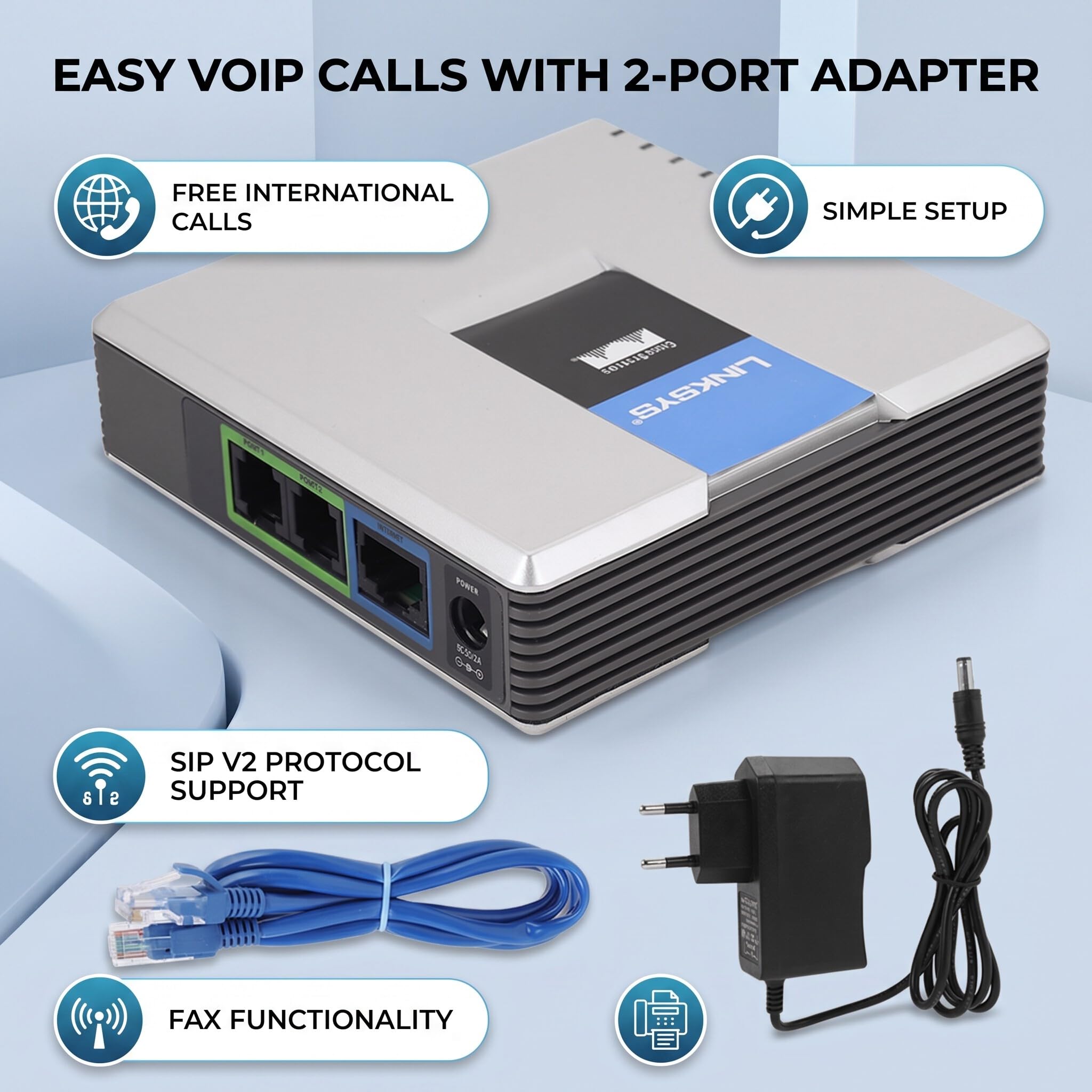 Adaptador de Teléfono de Internet VoIP de 2 Puertos Compatible con Protocolo SIP V2 con Cable de Red para PAP2T (Enchufe Europeo)