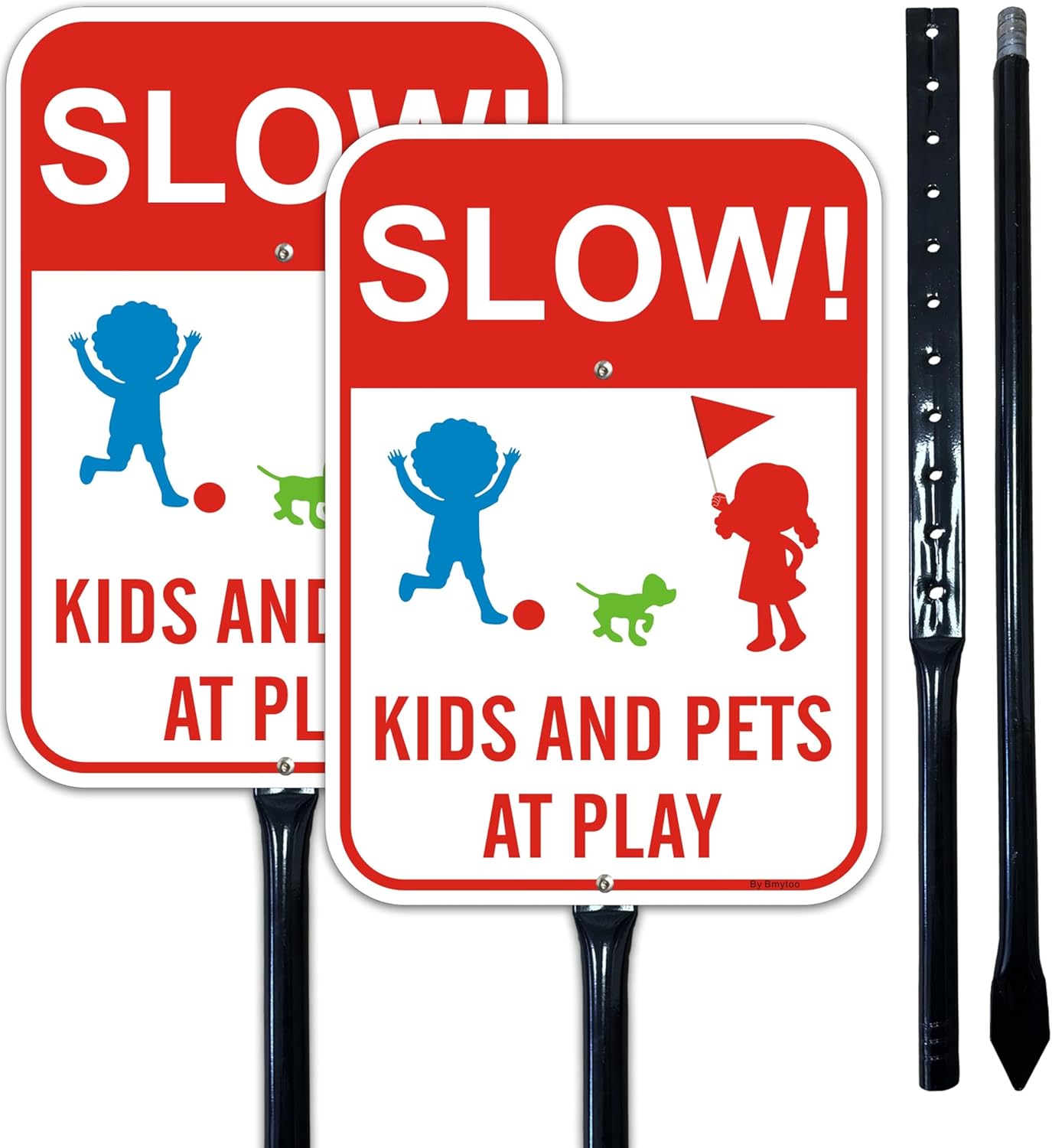 2Pack Slow Down Signs Kids and Pets at Play Sign with 36" Metal Thick Stakes, 10'' x 14'' Rust Free Reflective Aluminum Street Safety Warning Sign,Easy to Mount,Outdoor use
