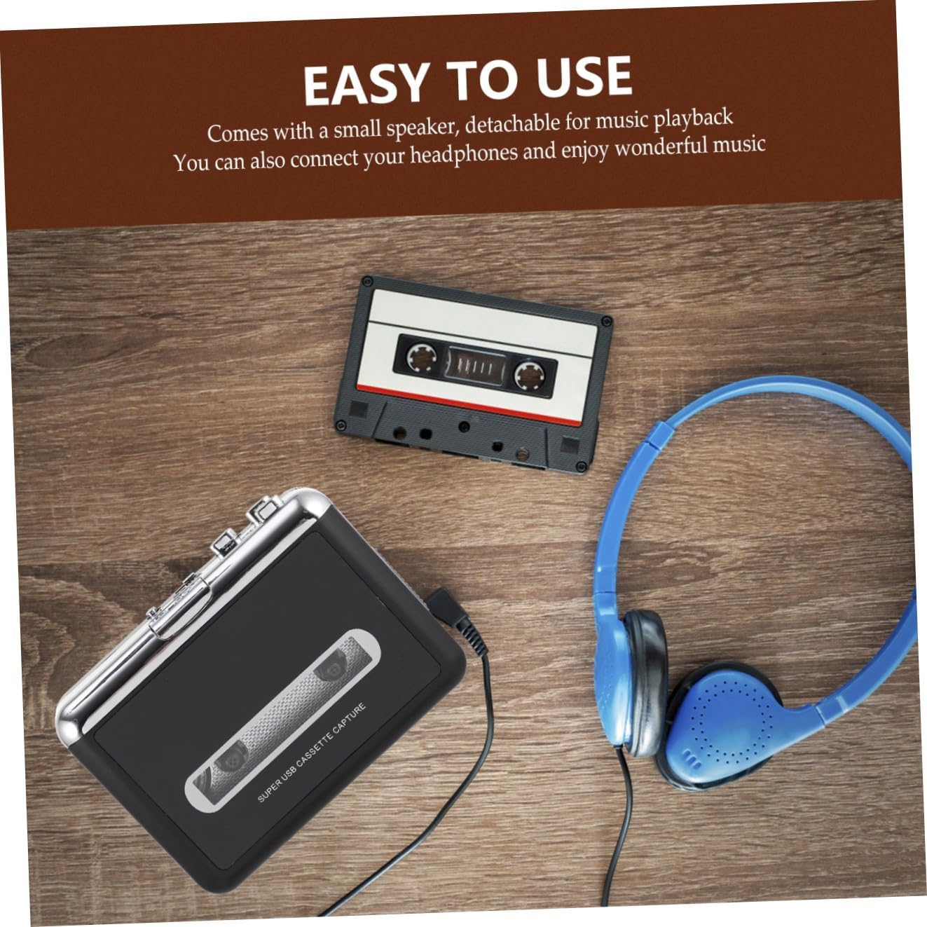USB Cassette to Converter Tape Player with Built Speaker Digital Music Player for Direct Computer Transfer and Playback Black