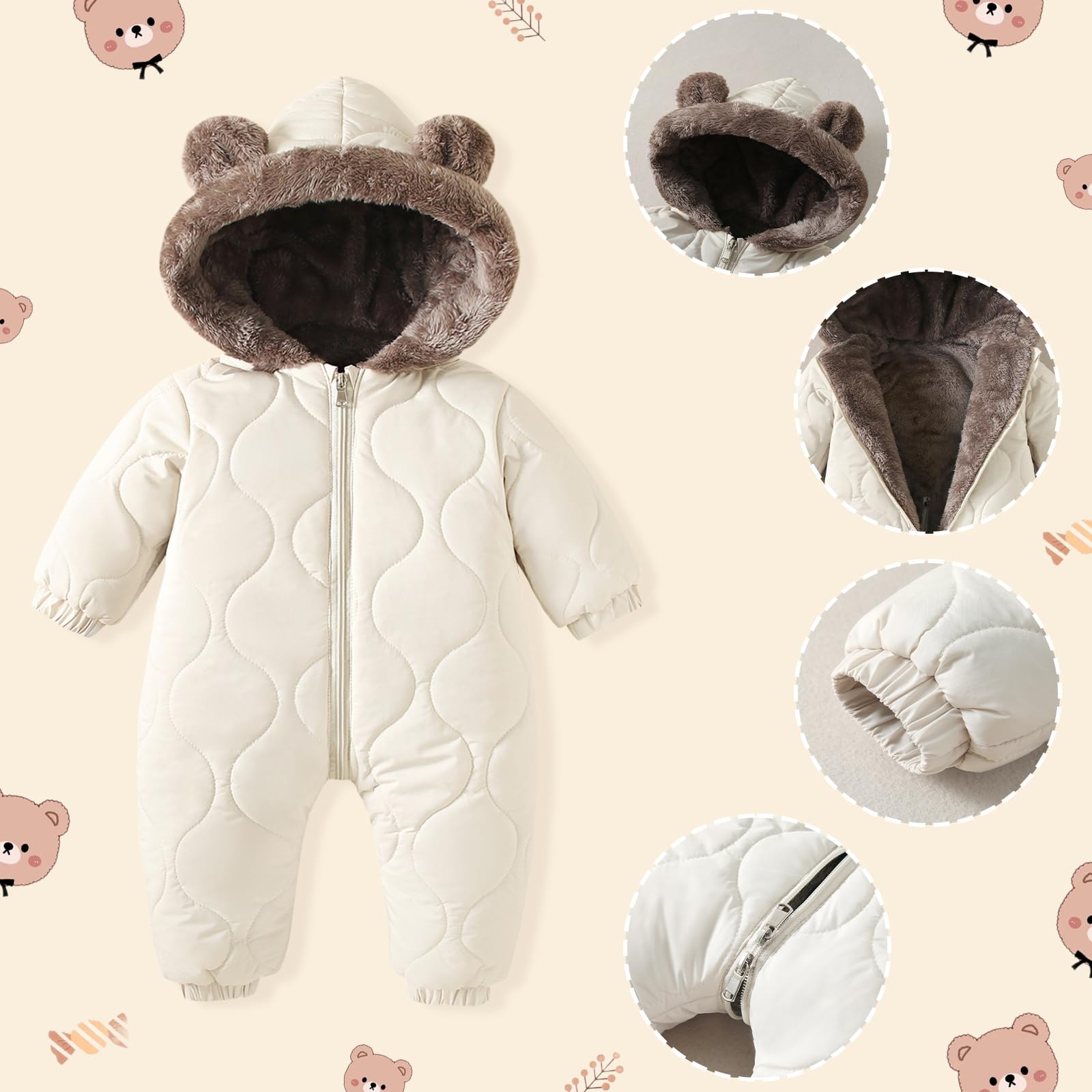 Yanmucy Traje de nieve para bebé, forro polar grueso, abrigo cálido para bebé, mono de invierno para cochecito de bebé, para niñas y niños, de 0 a 24 meses