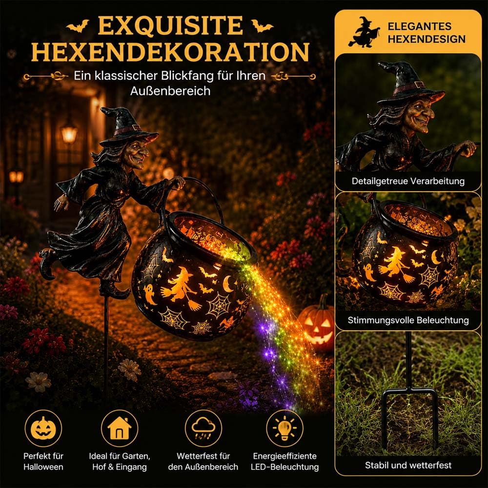 Leuchtender Halloween-Hexenkessel Mit Hexe, Wasserfall-Stil Verzauberter Hexenkessel Gartendekoration,Wasserdichte HäNgende Laterne,FüR Hof Rasen Veranda Party Dekor (1PC)