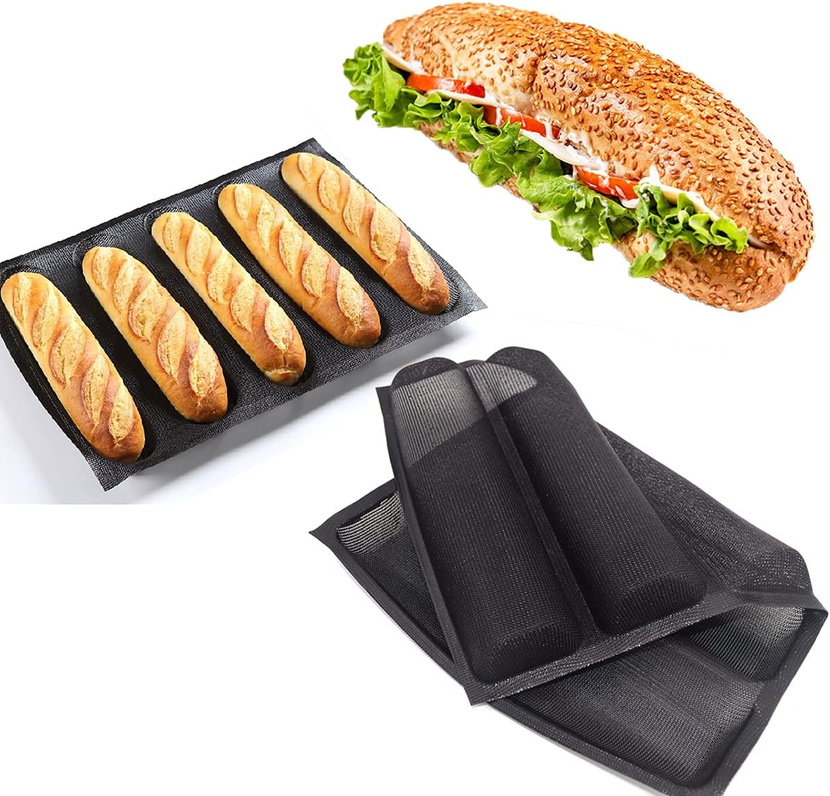 masteymoh 5-Cavity French Bread Baking Pan, Hoagie Rolls Pan, Soft Foldable for Easy Storage, Non-Stick, BPA-Free, 17.2" x 12.2" x 1.4"