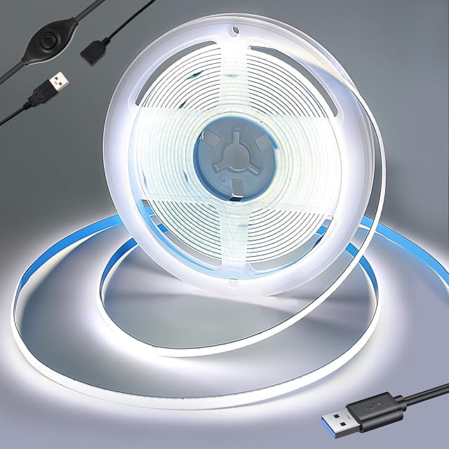 RYE Zasilanie USB 2,5 m 5 V COB taśma świetlna LED, czysta biel 6000 K, 320 diod LED/M, CRI80+, elastyczna taśma świetlna do podświetlenia monitora telewizora, lustra, szafy, szafy, oświetlenie DIY, z kontrolerem USB 5 V2 A