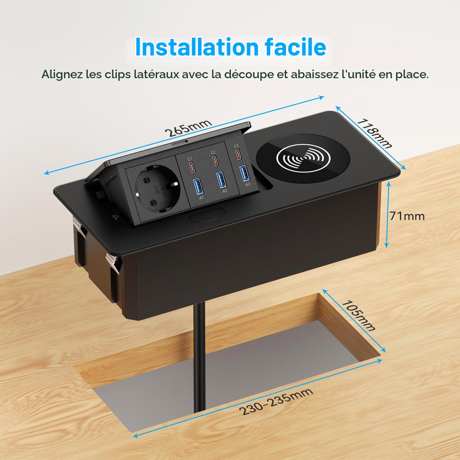 Alpheus Prise Encastrable Plan de Travail, Charge sans Fil 15W, USB-C1 30W