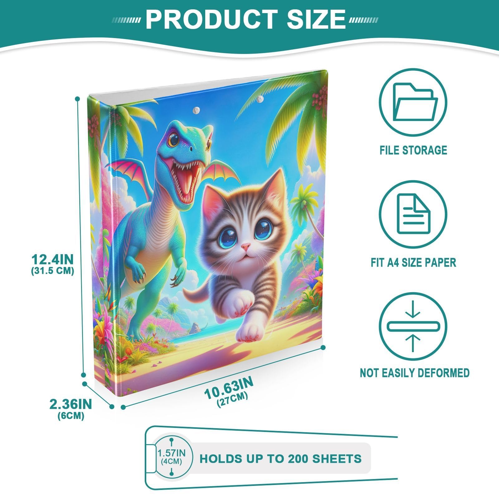 Lot de 2 classeurs décoratifs à 3 anneaux en forme de chat dinosaure mignon de 3,8 cm avec poches, pour l'école, l'université ou le bureau