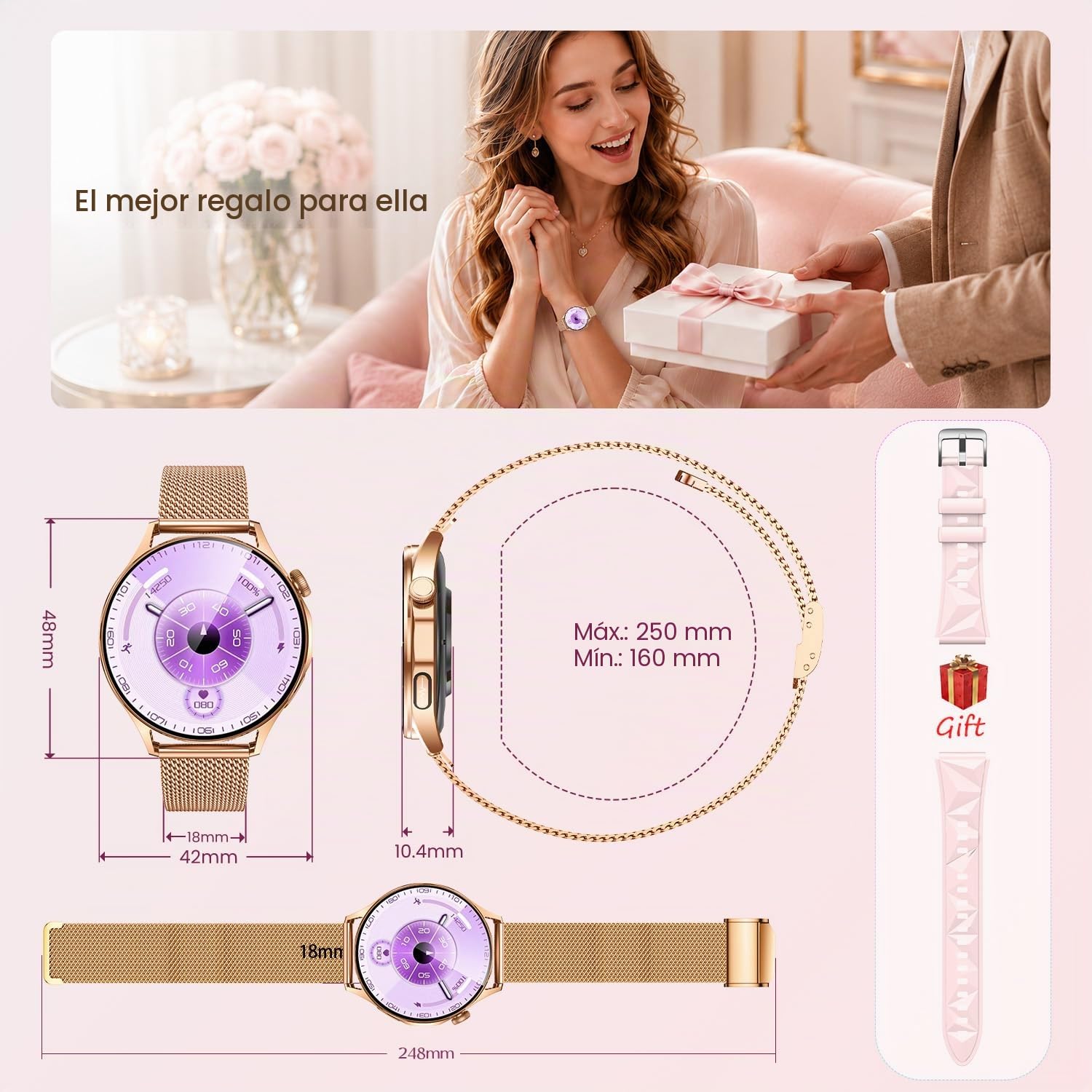 Smartwatch Reloj Inteligente Mujer con 𝐄𝐂𝐆+𝐇𝐑𝐕: 1.32" AMOLED Pantalla Táctil Deportivo Smart Watch con Llamadas Bluetooth IP67 Frecuencia Cardíaca Presión Arterial SPO2 Sueño para Android iOS