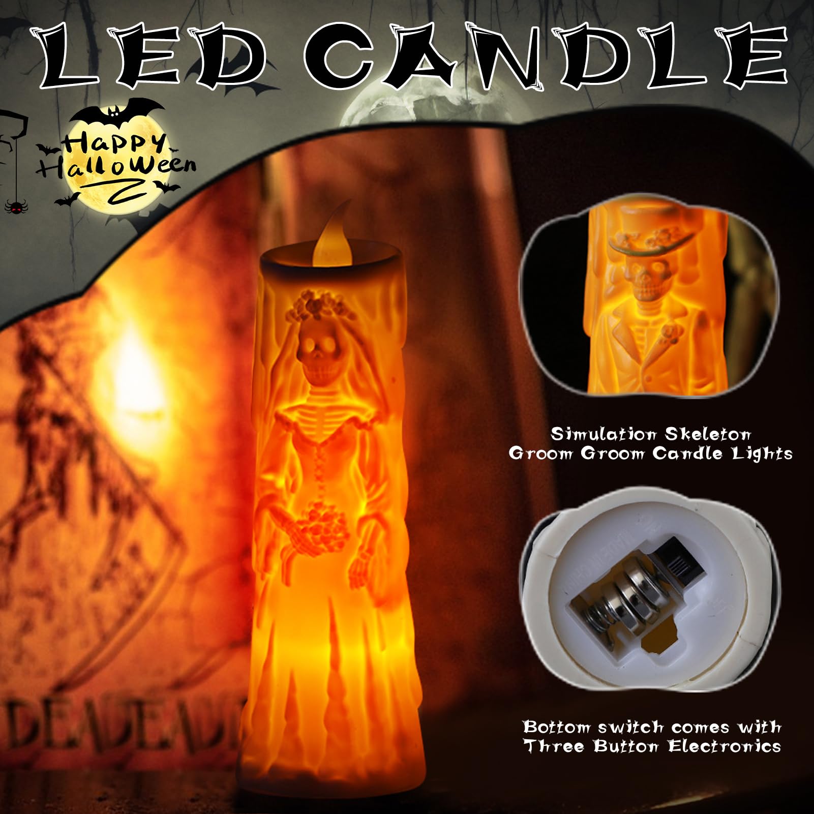 Lot De 6 Bougies LED Halloween - Squelettes Mariés, Lumière Réaliste, Piles Incluses