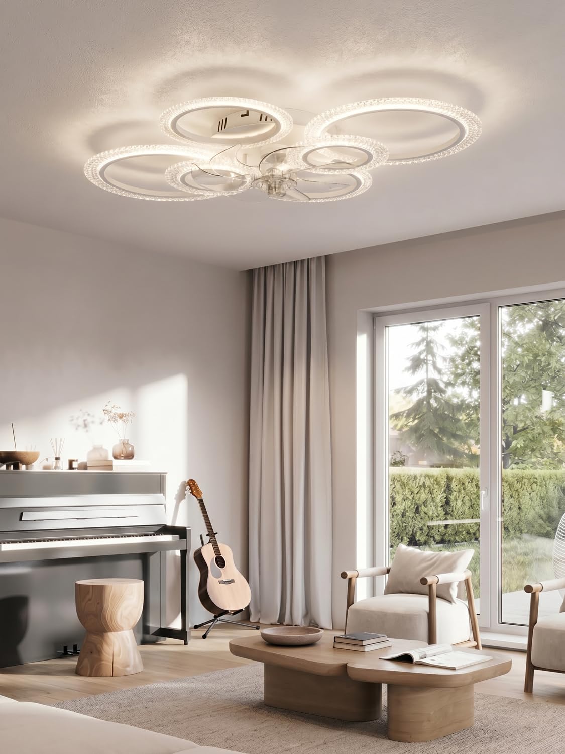 Ventilatore da Soffitto con Luce LED Dimmerabile, Plafoniera Moderna 88cm con Pale Trasparenti e Telecomando/App, Motore DC Silenzioso Reversibile per Camera da Letto, Soggiorno e Cucina