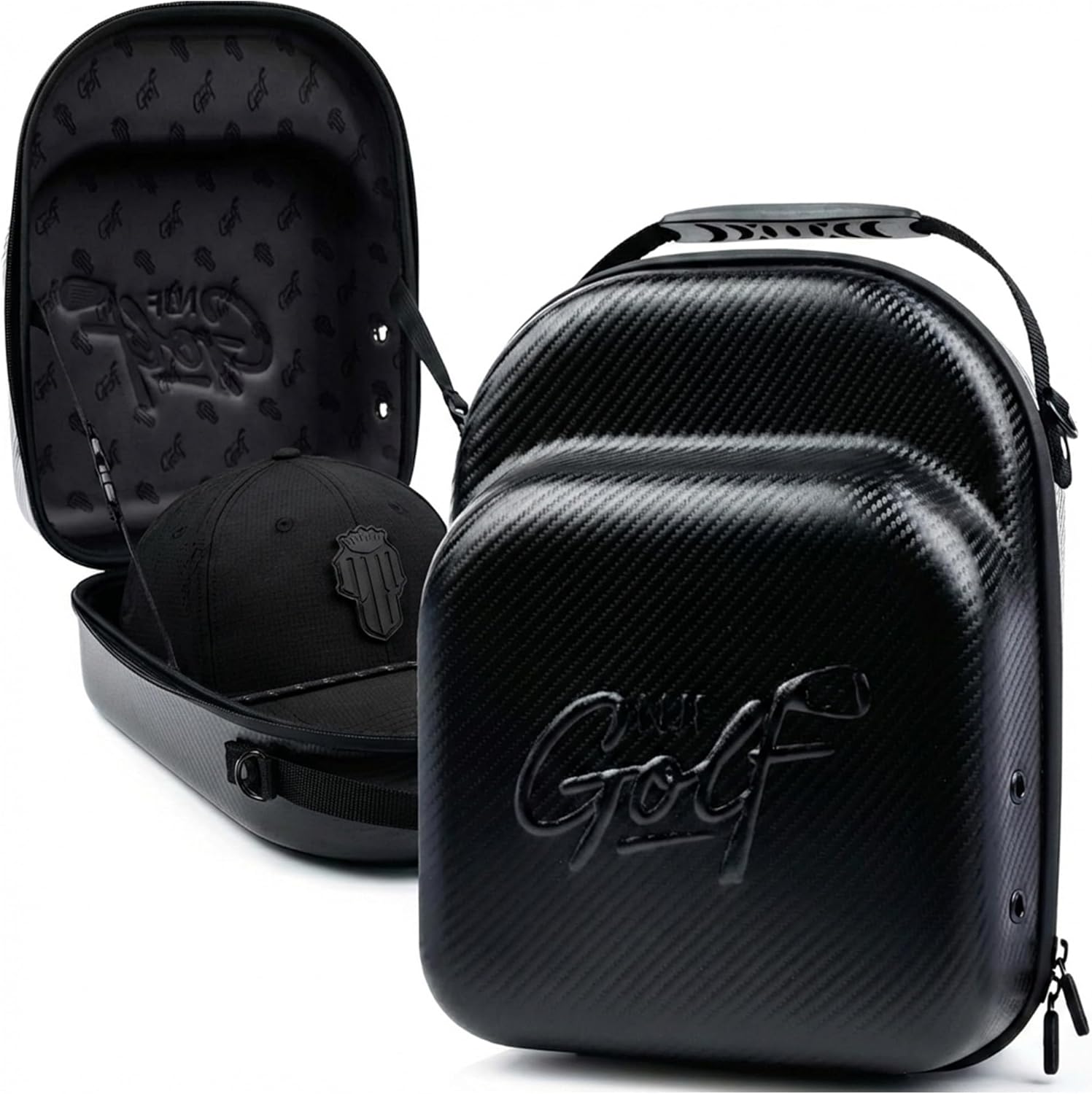 NJF Golf Hat Carrier Bag Black, Hard Shell Faux Carbon Fiber Golf Hats Storage Box, Travel Cap Carrier Case Hat Organizer Bag Holds Up to 10 Hats, Durable Cap Holder with Adjustable Strap for Golfing