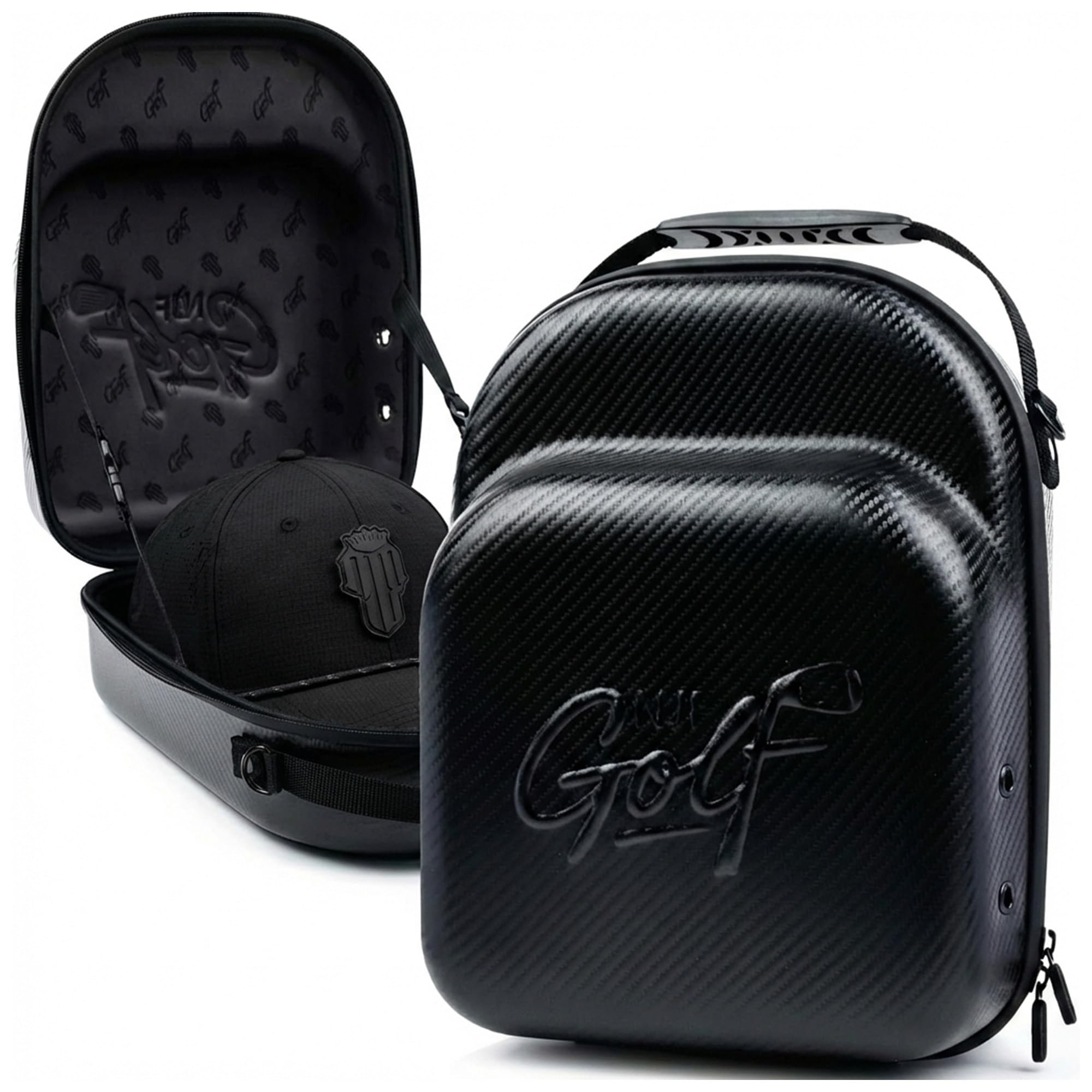 NJF Golf Hat Carrier Bag Black, Hard Shell Faux Carbon Fiber Golf Hats Storage Box, Travel Cap Carrier Case Hat Organizer Bag Holds Up to 10 Hats, Durable Cap Holder with Adjustable Strap for Golfing
