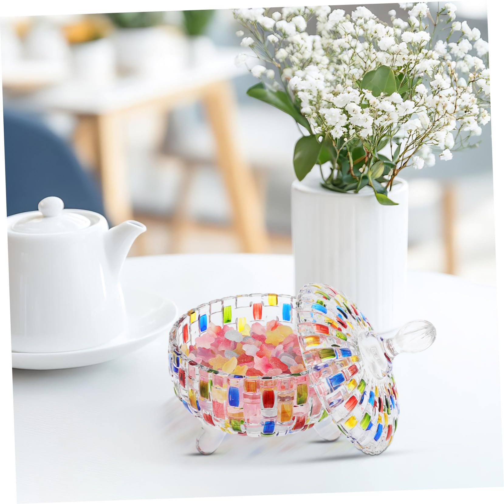 Vintage Candy Dish mit Deckel Farbiges Glas mit Kunstvollem Gewebtem Muster Transparente Süßwaren Schmuckaufbewahrung Vielseitiges Aufbewahrungsglas für Snacks und Teeblätter