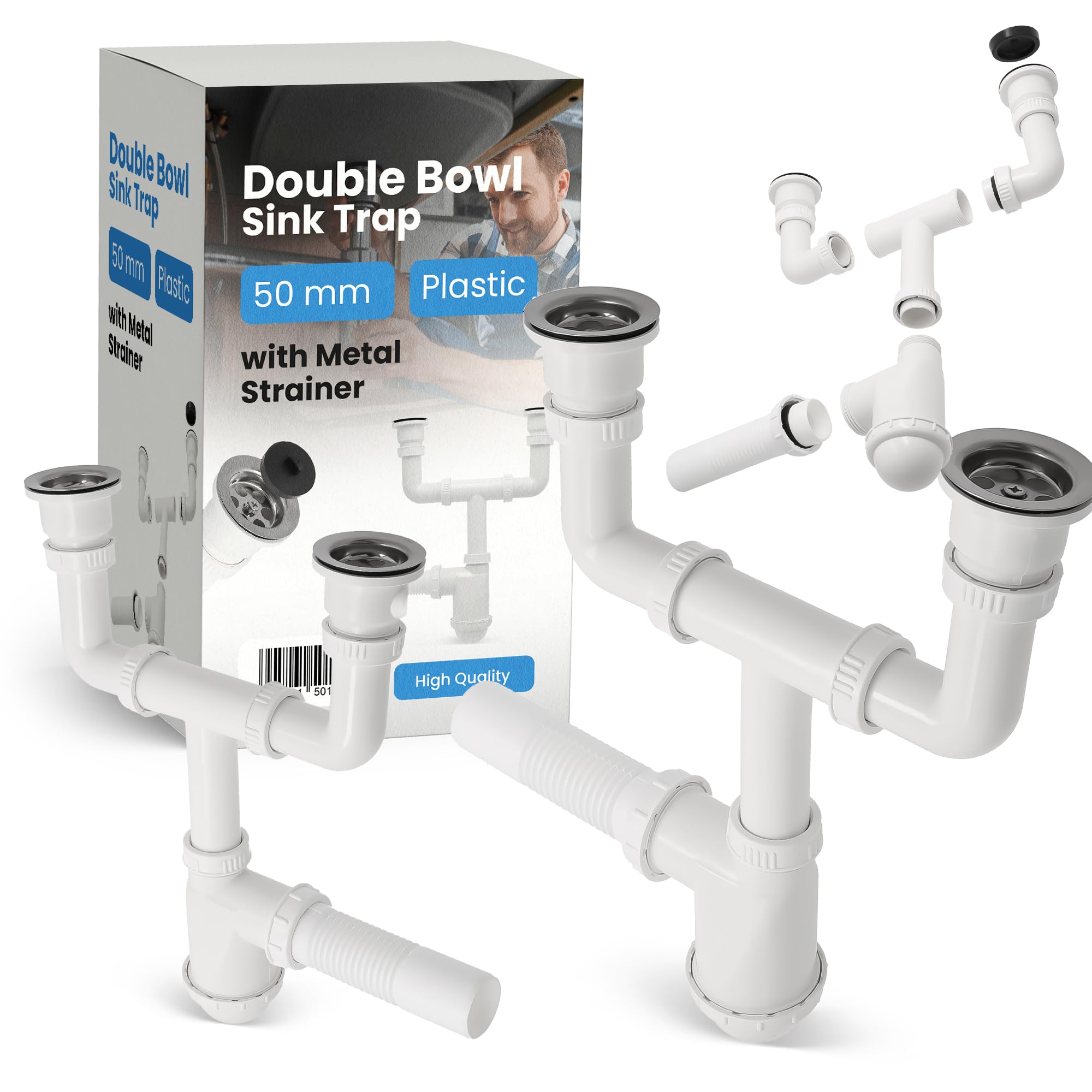 Sifón doble de 50 mm para lavabo doble con colador de desagüe, colador de metal y tapón para fregadero, sifón para fregadero, accesorios para baño, fregadero de cocina, tubo de desagüe
