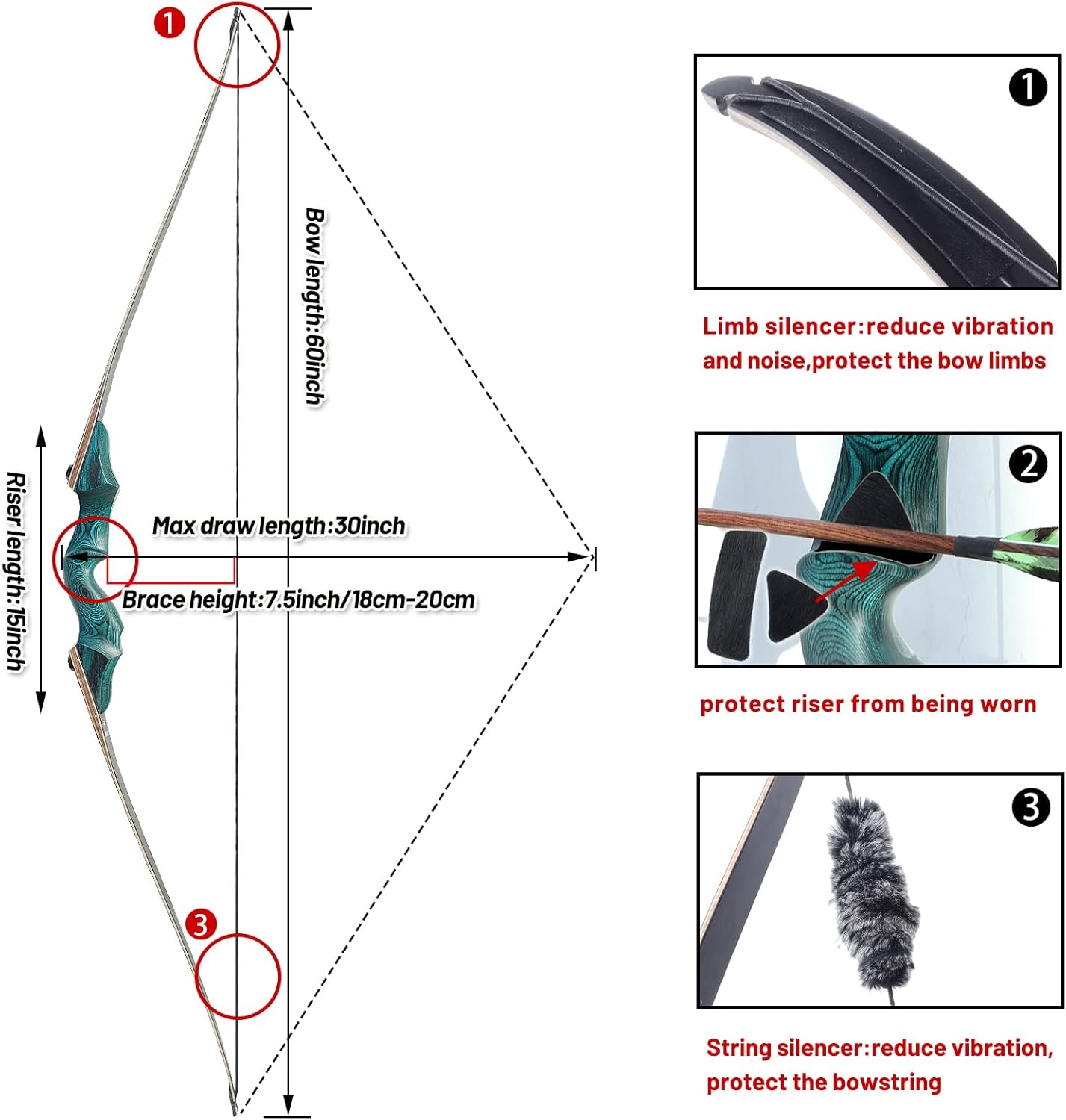 Black Hunter Takedown Longbow 60 Inch Wooden Archery Bow 20-60 Lbs Hunting Long Bow with Arm Guard for Right Hand Shooter Target Parctice