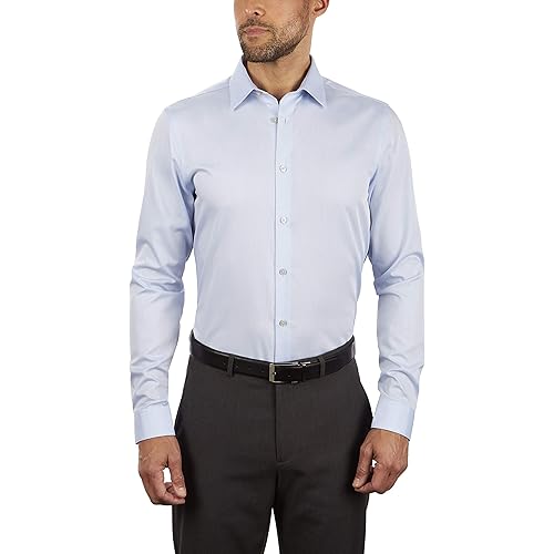 Calvin Klein Men's Slim Fit Non-Iron Herringbone Point Collar Dress Shirt, Blue, 17.5" Neck 36"-37" Sleeve